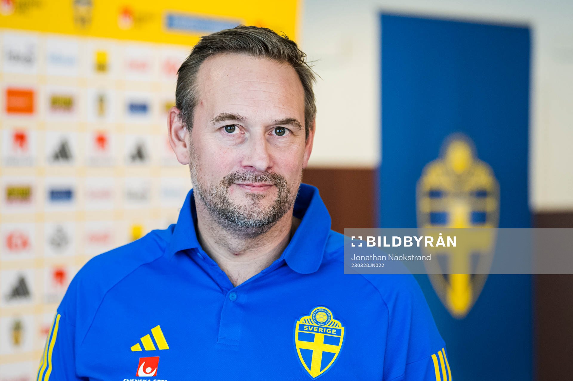 Head coach Martin Qvarmans Möller of the Swedish Women's Under 23 national football team during a press conference on March 28, 2023 in Stockholm.