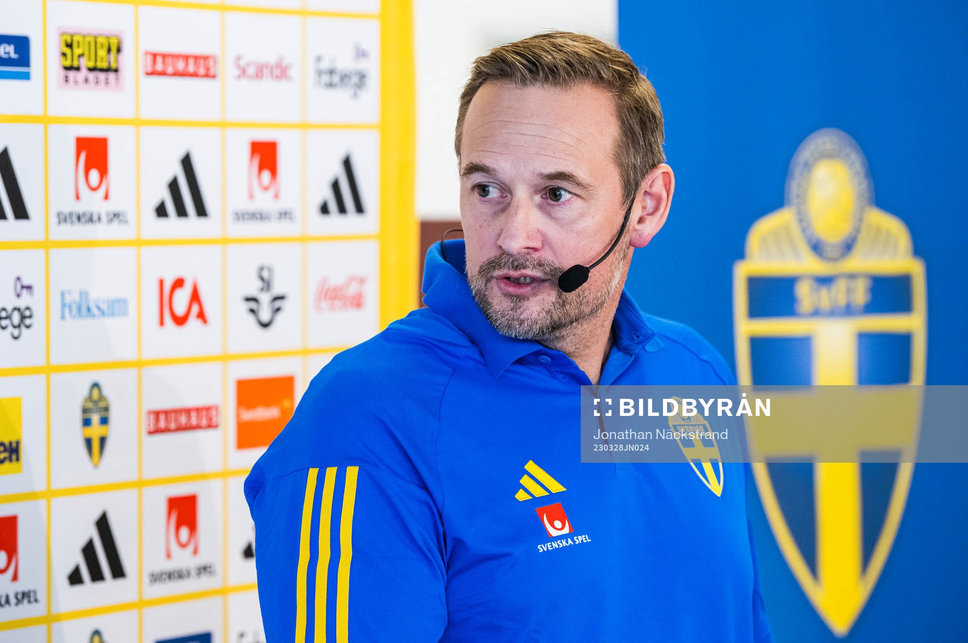 Head coach Martin Qvarmans Möller of the Swedish Women's Under 23 national football team during a press conference on March 28, 2023 in Stockholm. 
