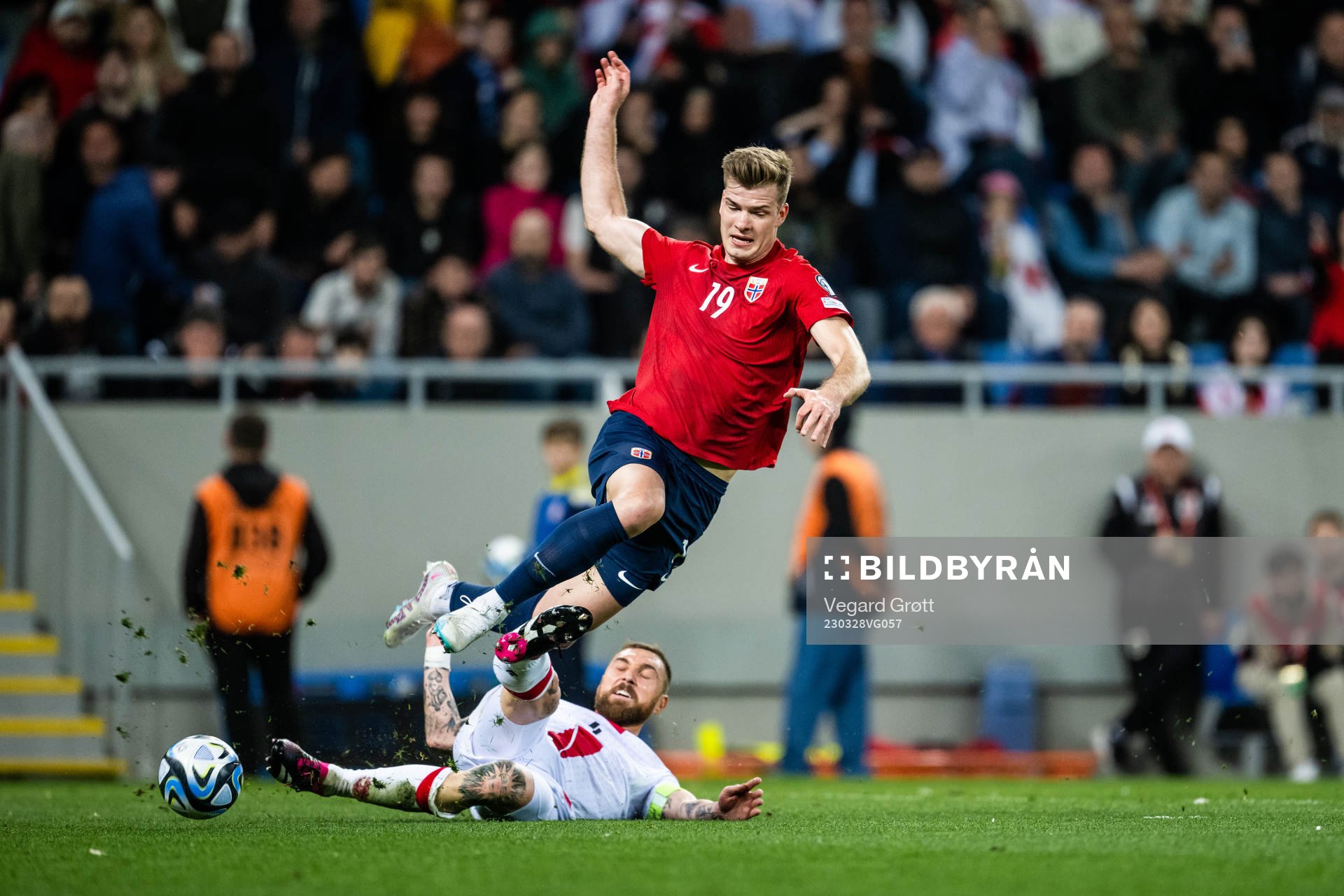 Guram Kashia of Georgia and Alexander Sørloth of Norway during the UEFA Euro Qualifier football match between Georgia and Norway on March 28, 2023 in Batumi.