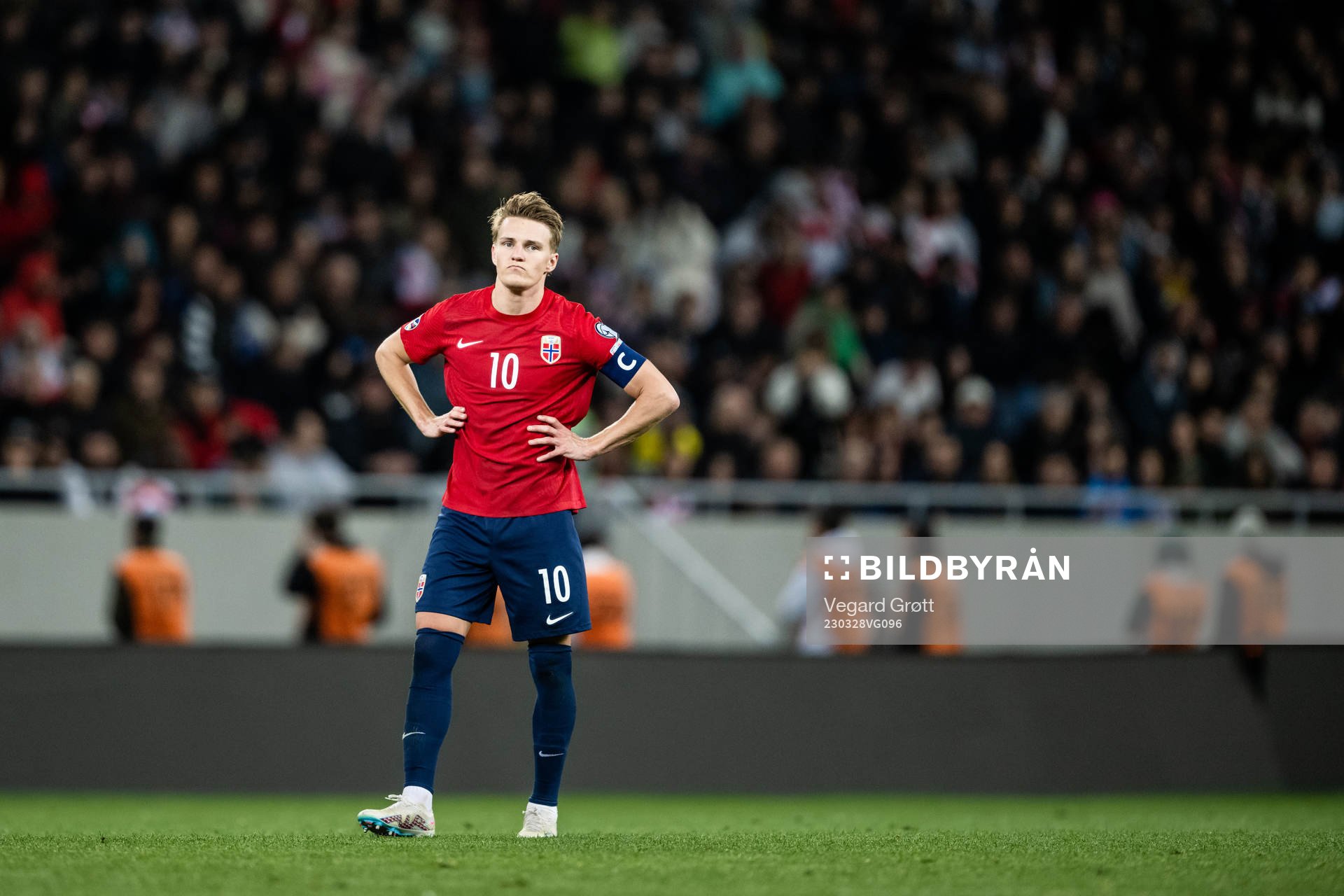 Martin Ødegaard of Norway looks dejected during the UEFA Euro Qualifier football match between Georgia and Norway on March 28, 2023 in Batumi.