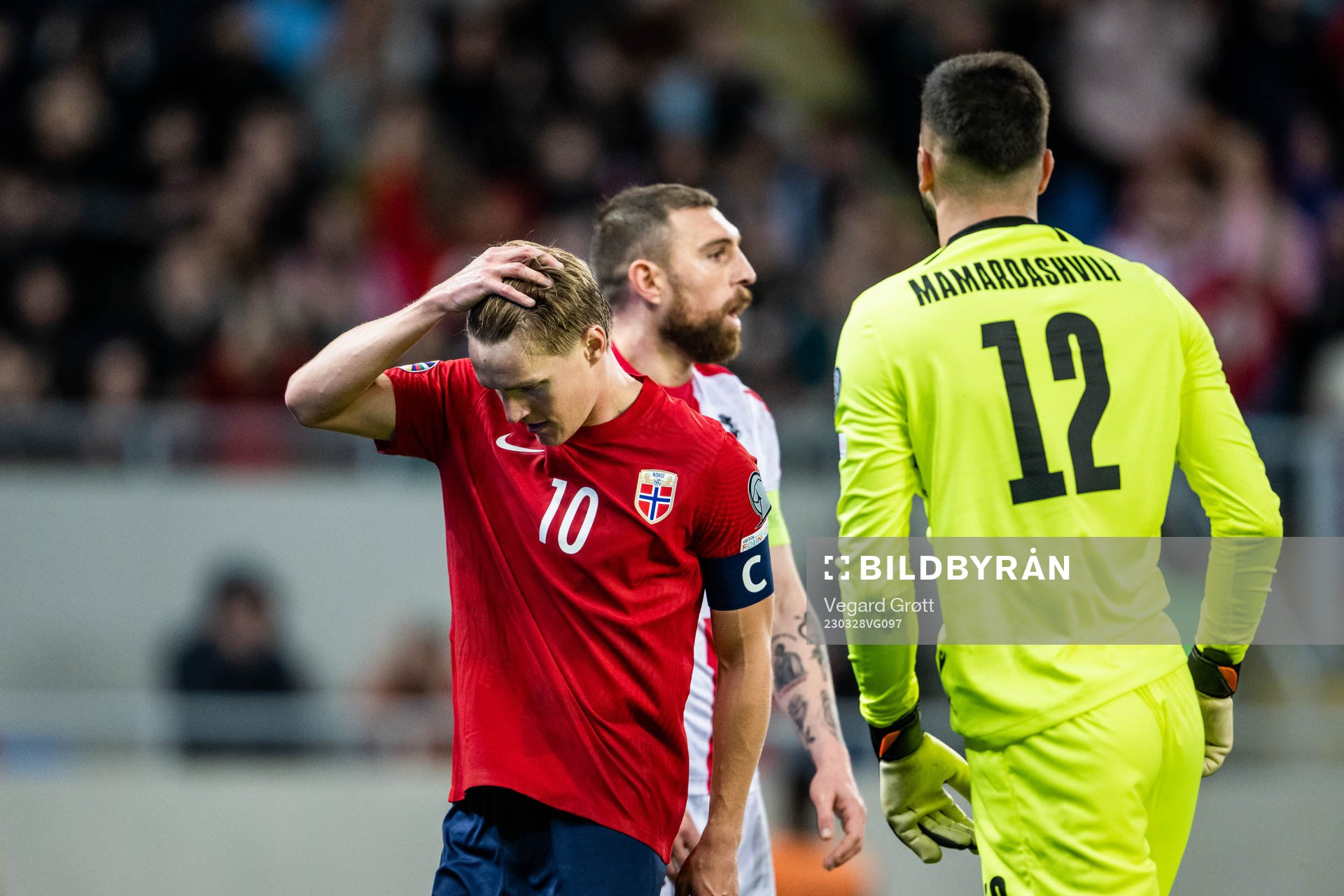 Martin Ødegaard of Norway looks dejected during the UEFA Euro Qualifier football match between Georgia and Norway on March 28, 2023 in Batumi.