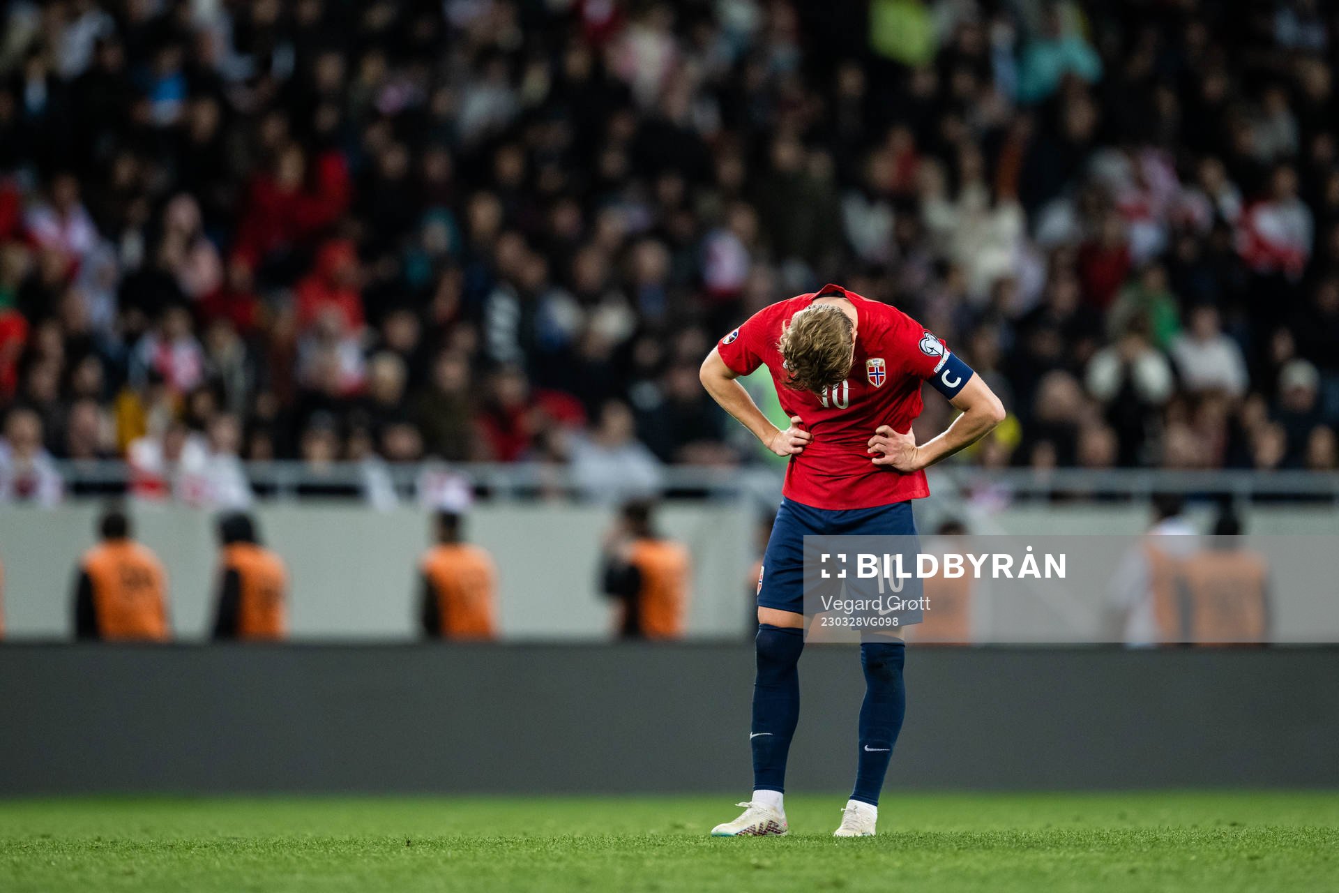 Martin Ødegaard of Norway looks dejected during the UEFA Euro Qualifier football match between Georgia and Norway on March 28, 2023 in Batumi.