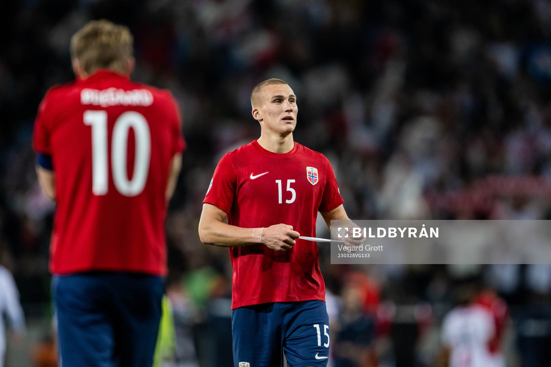 Martin Ødegaard and Leo Skiri Østigård of Norway after the UEFA Euro Qualifier football match between Georgia and Norway on March 28, 2023 in Batumi.