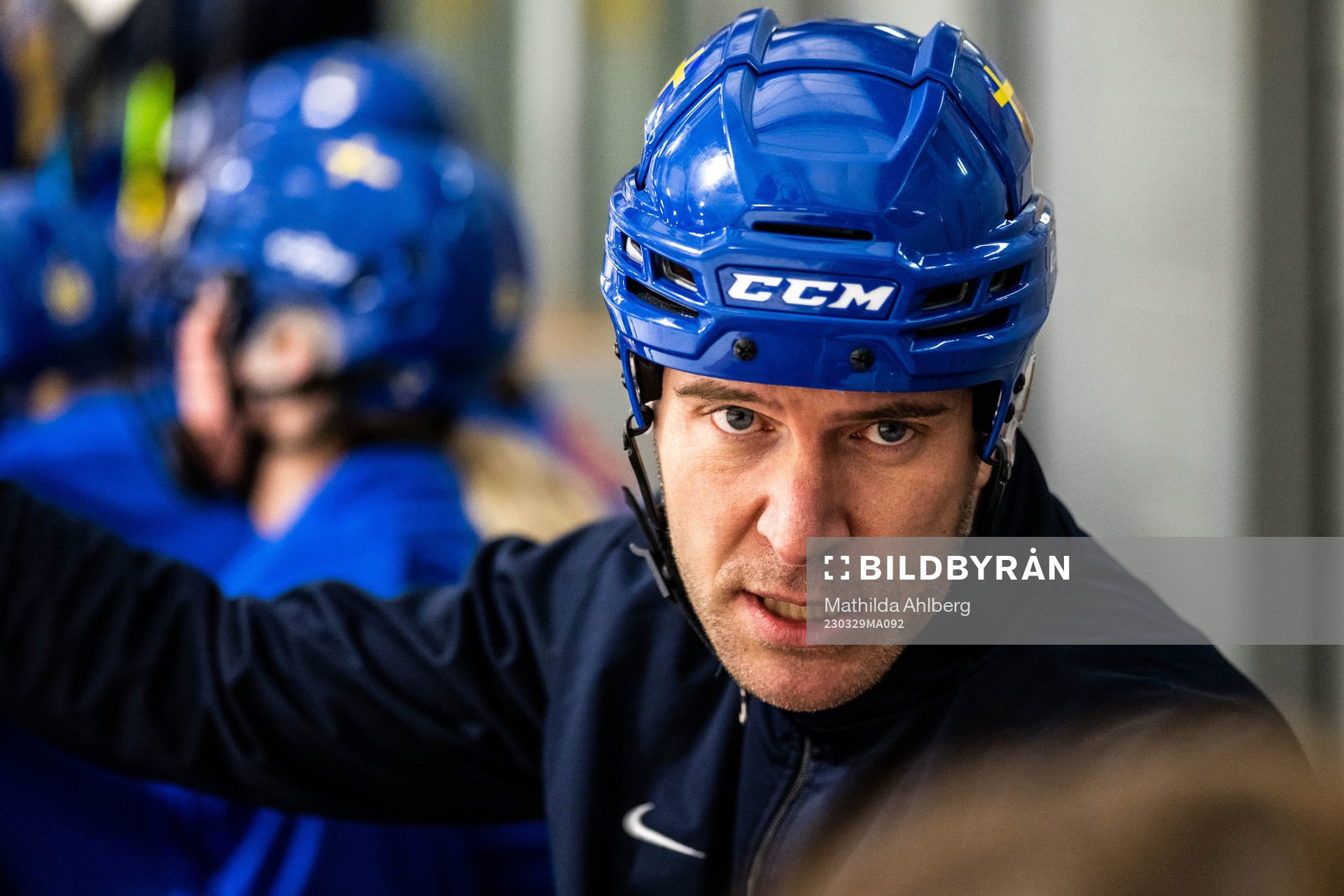 Goaltender coach Ola Kahem  of Sweden at a practice session