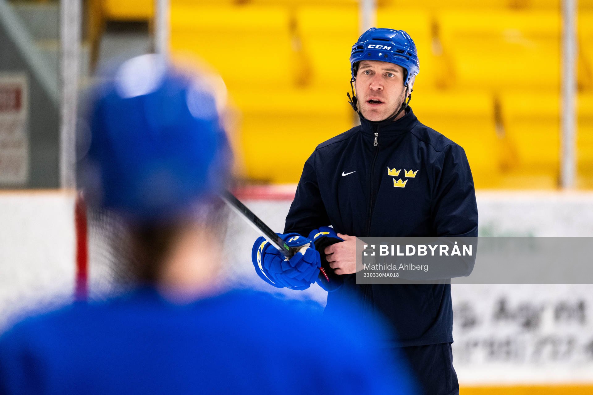Goaltender coach Ola Kahem  of Sweden at a practice session