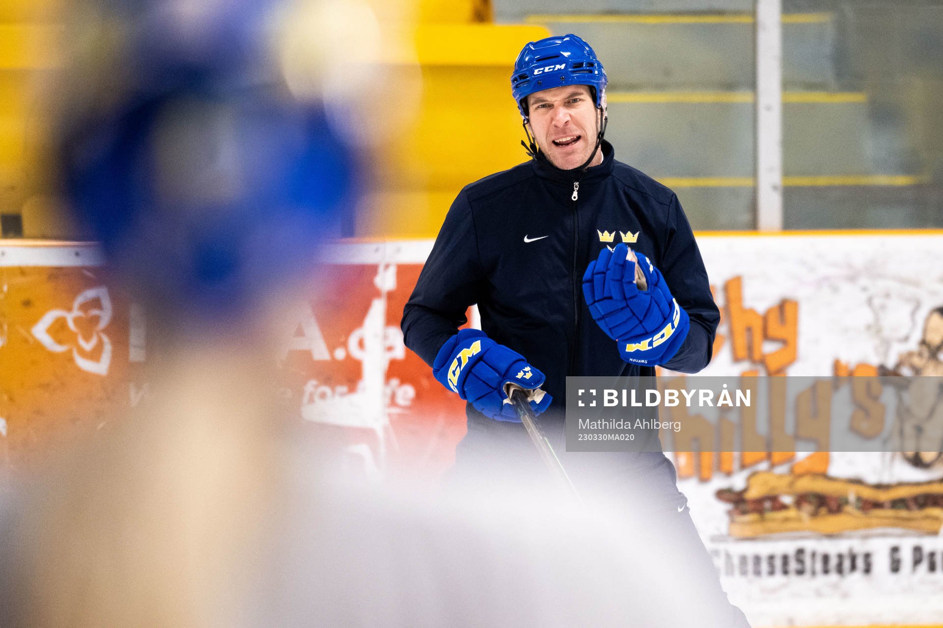Goaltender coach Ola Kahem  of Sweden at a practice session