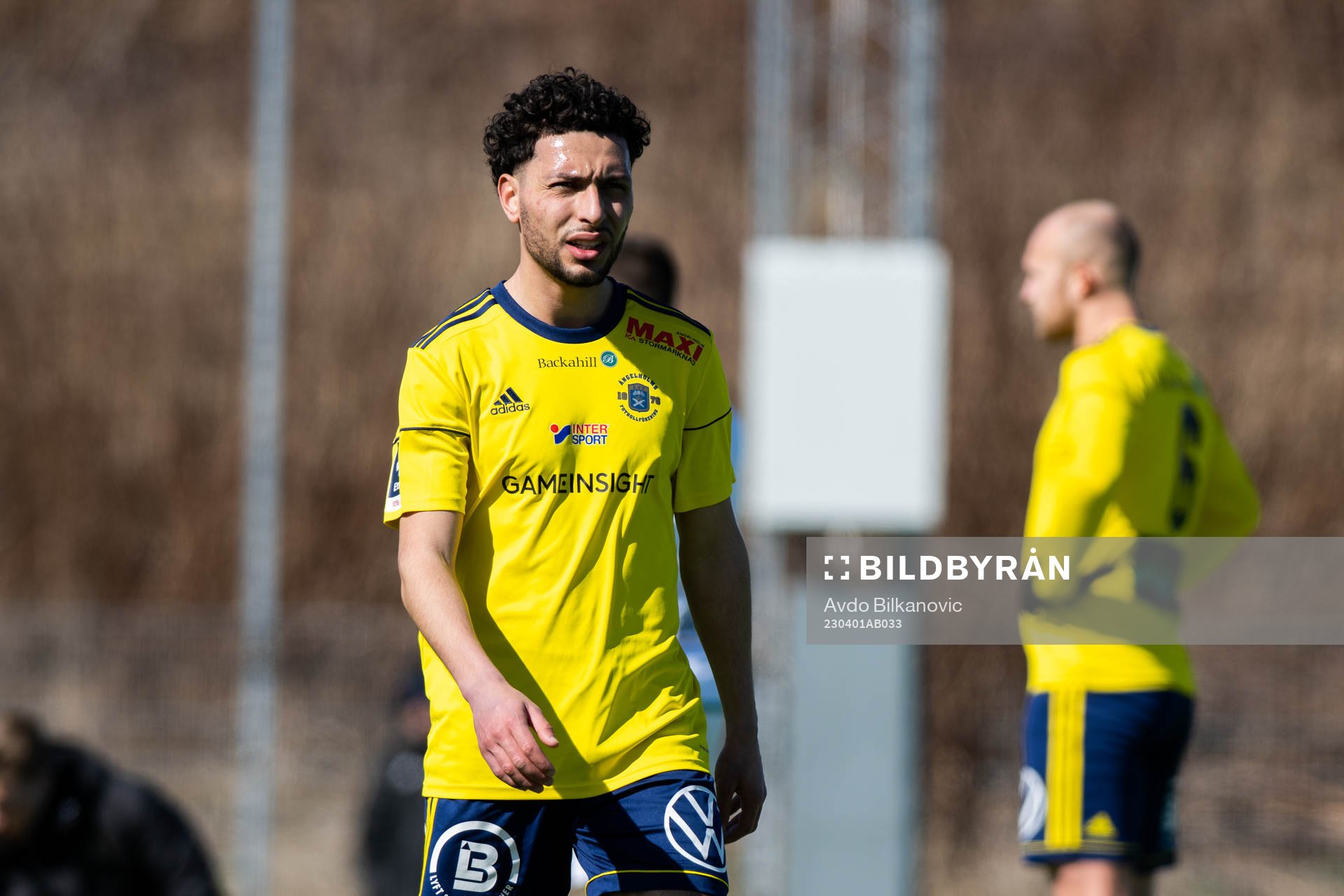 Ängelholms Oussama Djafer-Bey under fotbollsmatchen i Division 1 södra mellan Ängelholms FF och BK Olympic den 1 april 2023 i Ängelholm.