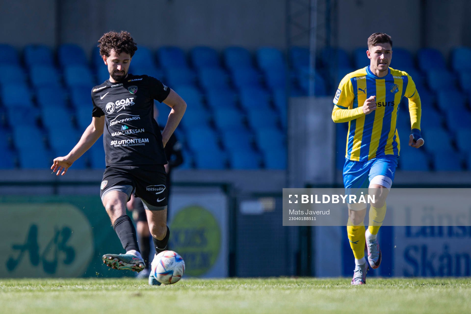 Ariana FCs Gani Bunjaku under fotbollsmatchen i Division 1 Södra mellan Eskilsminne IF och Ariana FC den 1 april 2023 i Helsingborg.