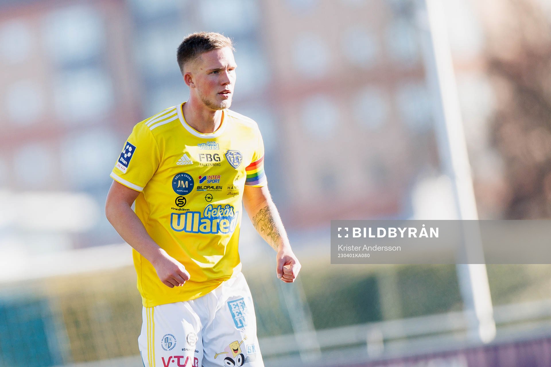 Falkenbergs Tim Stålheden under fotbollsmatchen i Ettan södra mellan Falkenberg och Torn den 1 april 2023 i Falkenberg. 