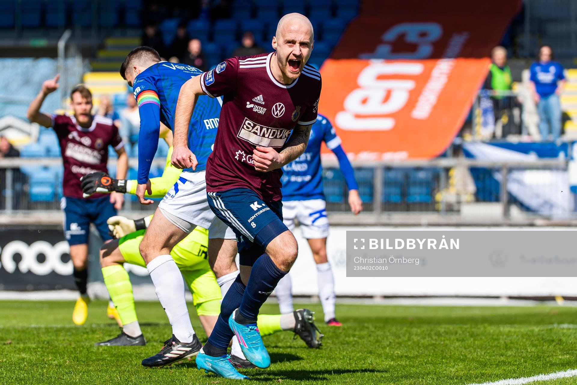 Gefles Anton Lundin jublar efter att han gjort 0-1 under fotbollsmatchen i Superettan mellan Trelleborg och Gefle den 2 april 2023 i Trelleborg.