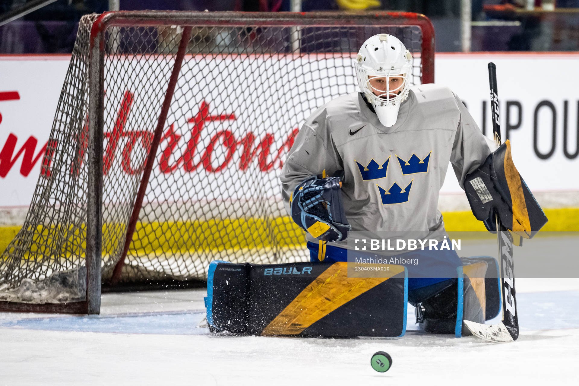 Goaltender Tindra Holm of Sweden at a practice session