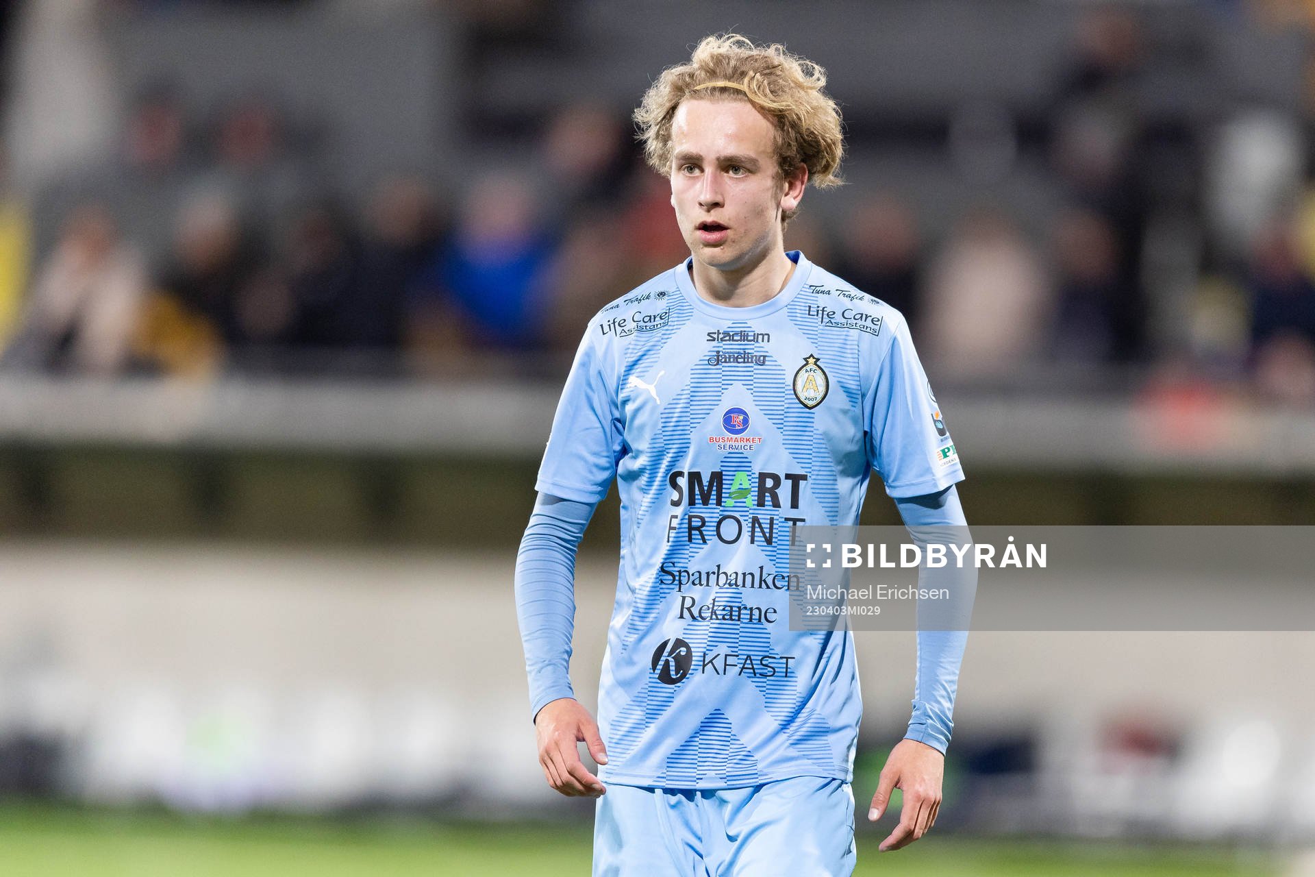 AFC Eskilstunas Leo Lif under fotbollsmatchen i Superettan mellan Örgryte och AFC Eskilstuna den 3 april 2023 i Göteborg. 
