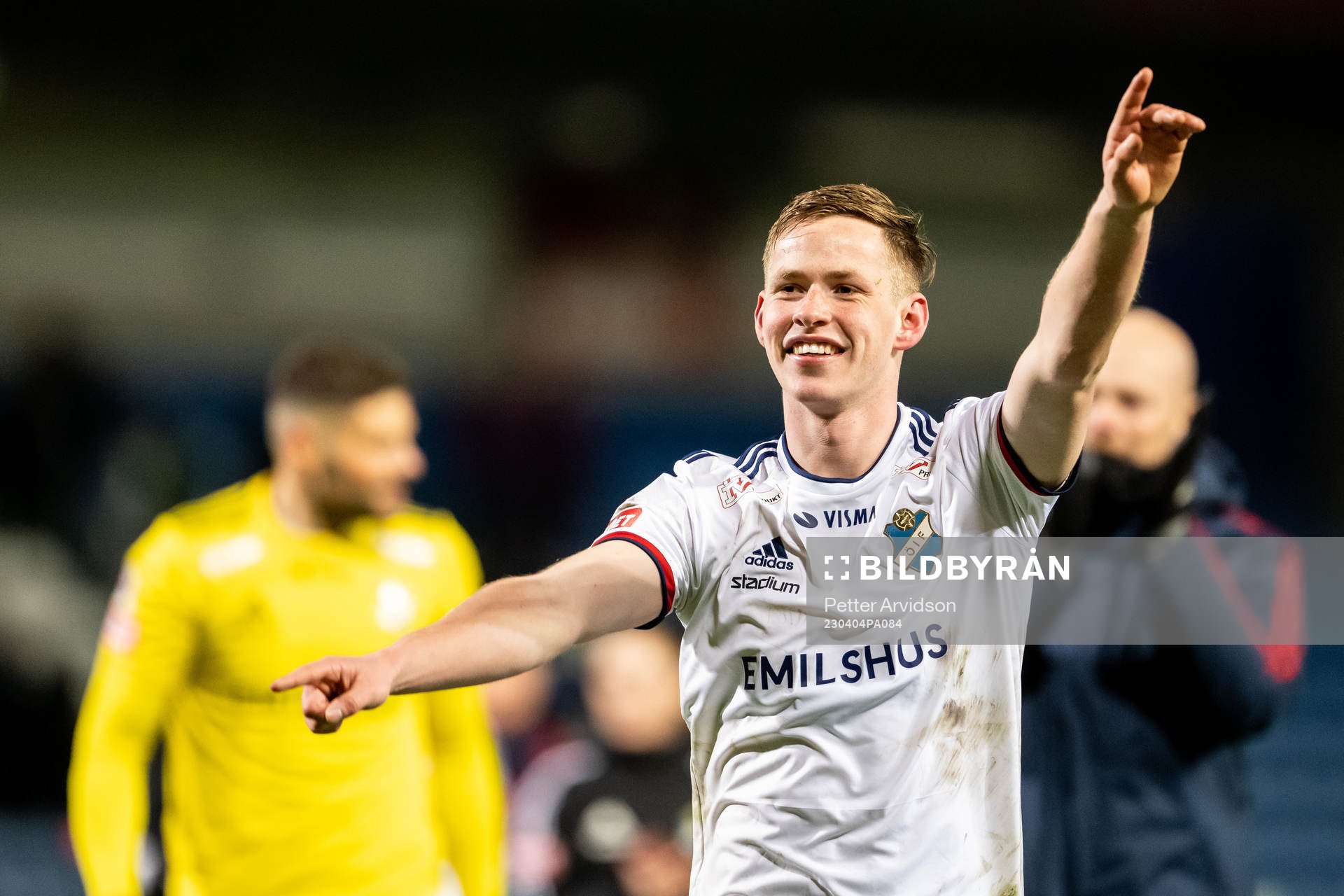 Östers Alex Thor Hauksson jublar efter fotbollsmatchen i Superettan mellan Helsingborg och Öster den 4 april 2023 i Helsingborg. 