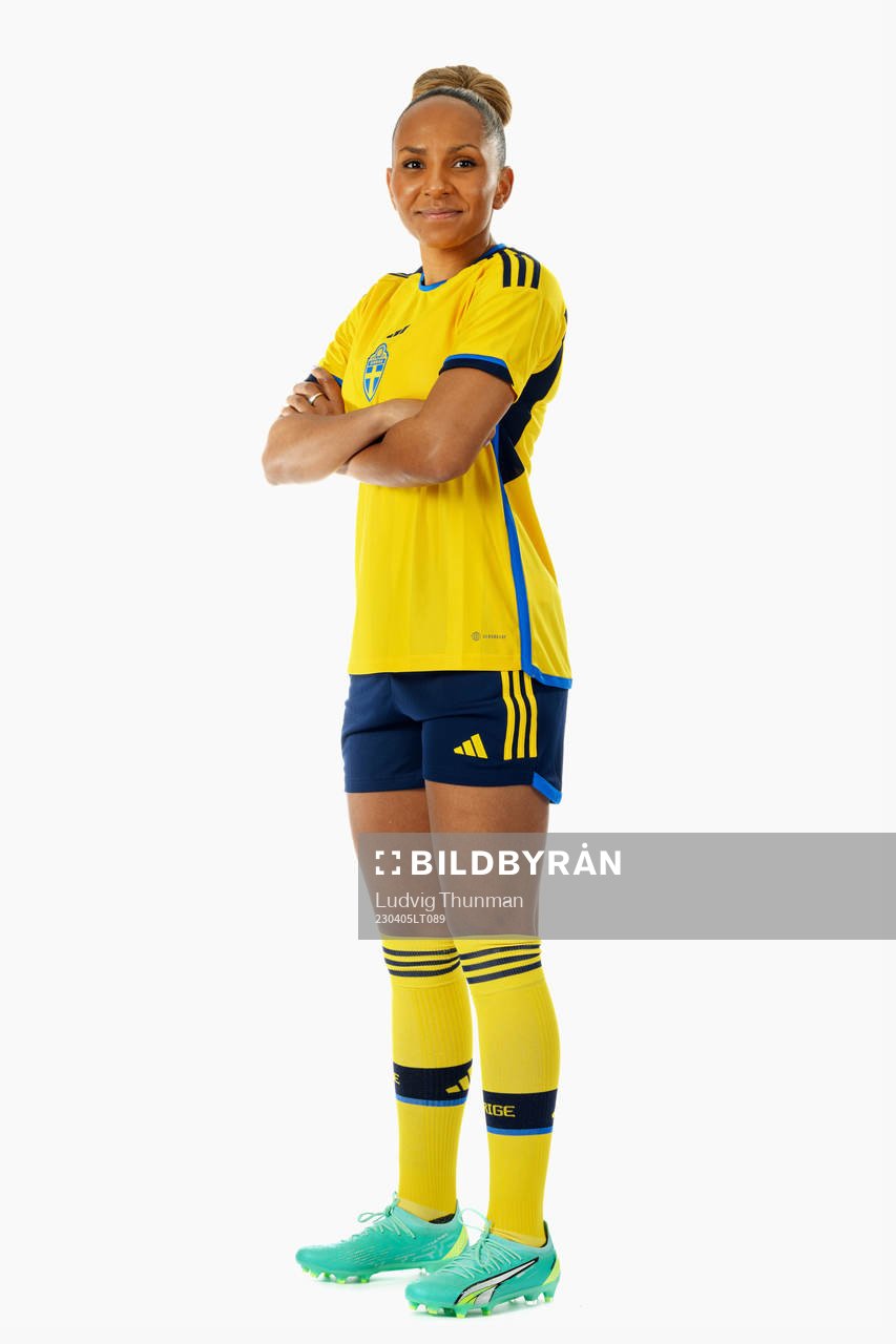 Madelen Janogy of the Swedish women's national football team poses for a portrait on April 5, 2023 in Malmö. 