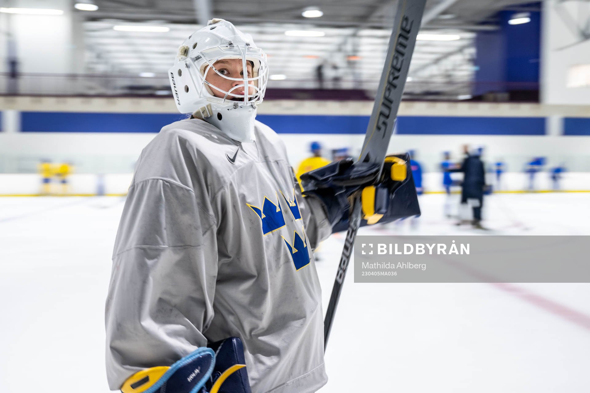 Goaltender Tindra Holm of Sweden at a practice session