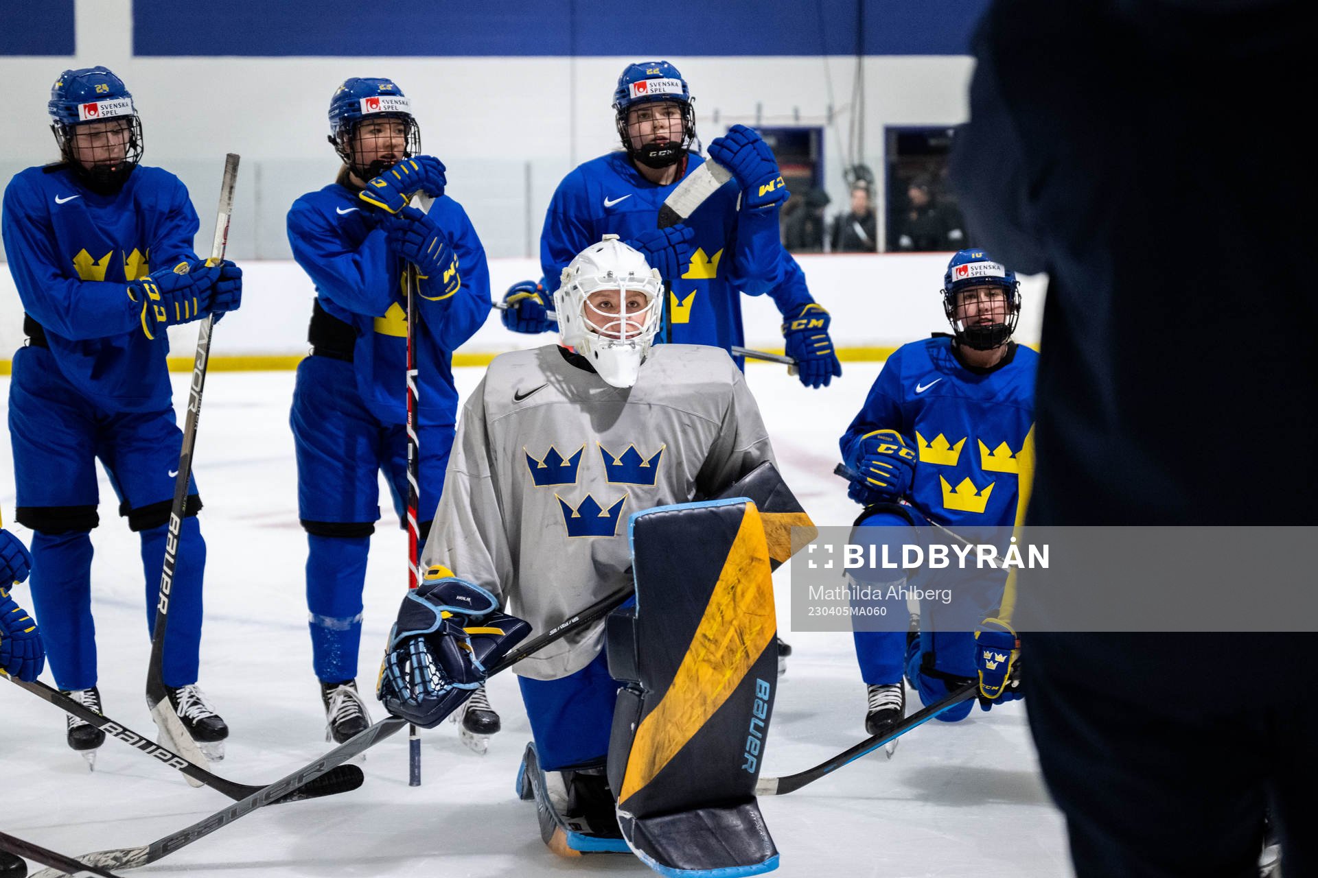 Goaltender Tindra Holm of Sweden at a practice session