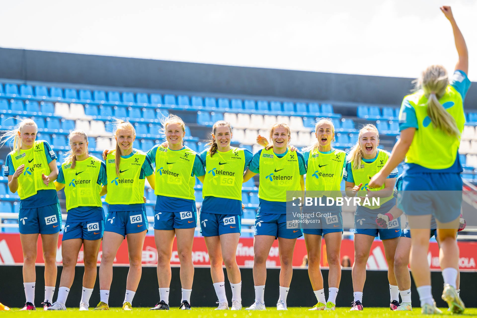 Karina Sævik, Amalie Eikeland, Malin Brenn, Julie Blakstad, Elisabeth Terland, Cesilie Andreassen, Anja Sønstevold and Anna Langås Jøsendal of the Norwegian women's national football team during a training session on April 5, 2023 in Ibiza.