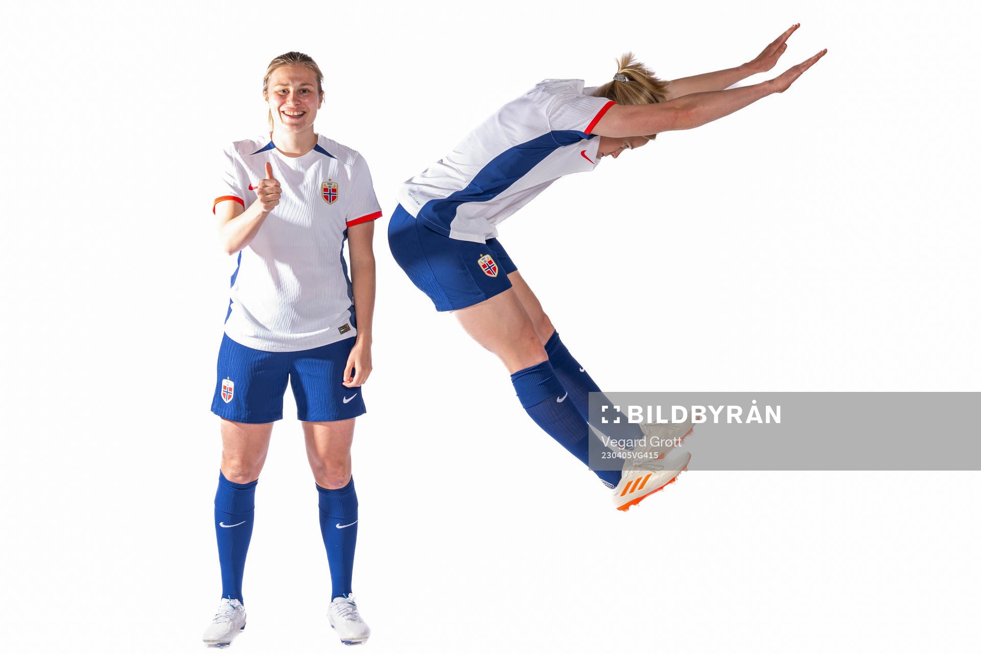 Cesilie Andreassen and Julie Blakstad of the Norwegian women’s national football team pose for a portrait on April 4, 2023 in Ibiza. 