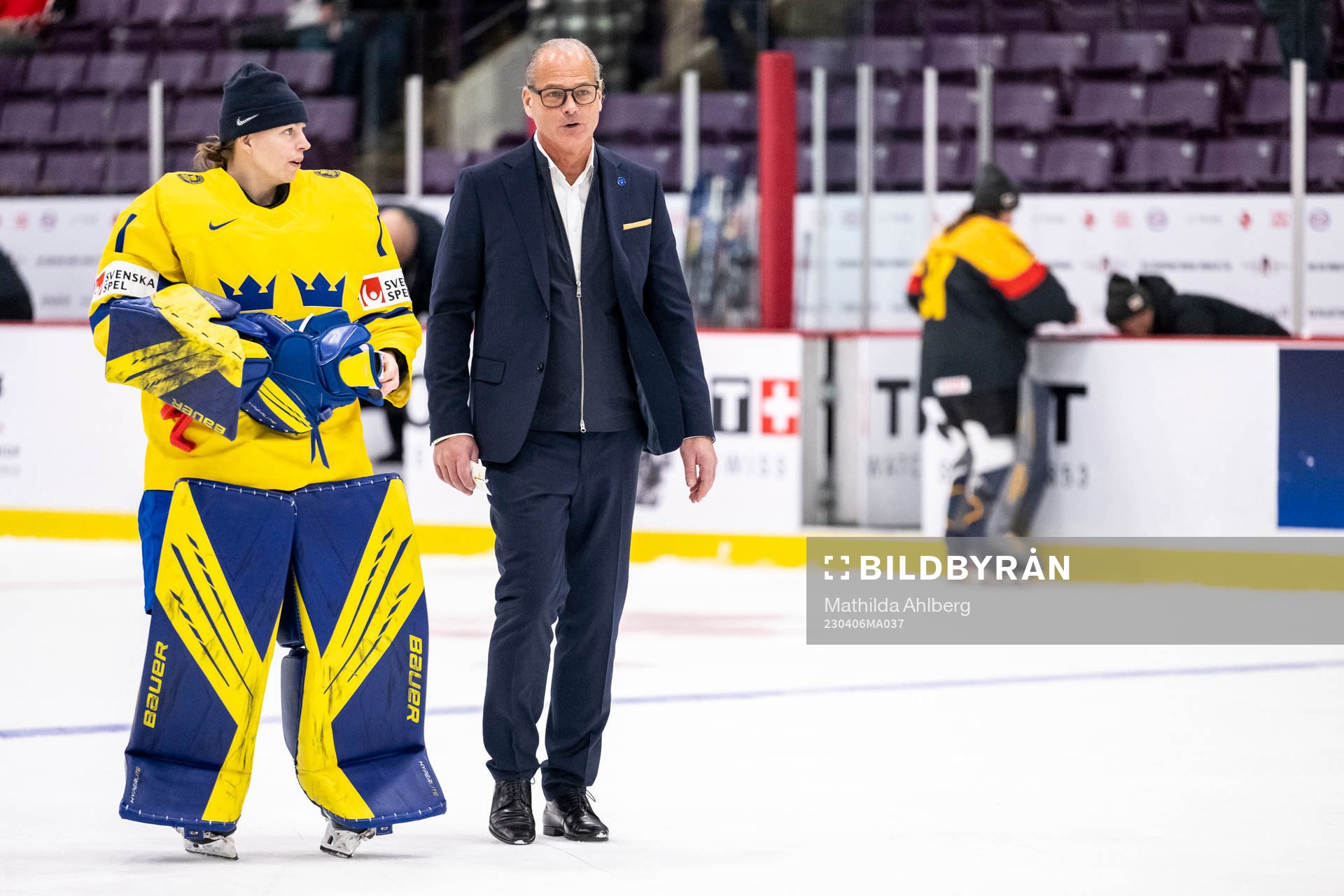 Goaltender Sara Grahn of Sweden  and assistant coach