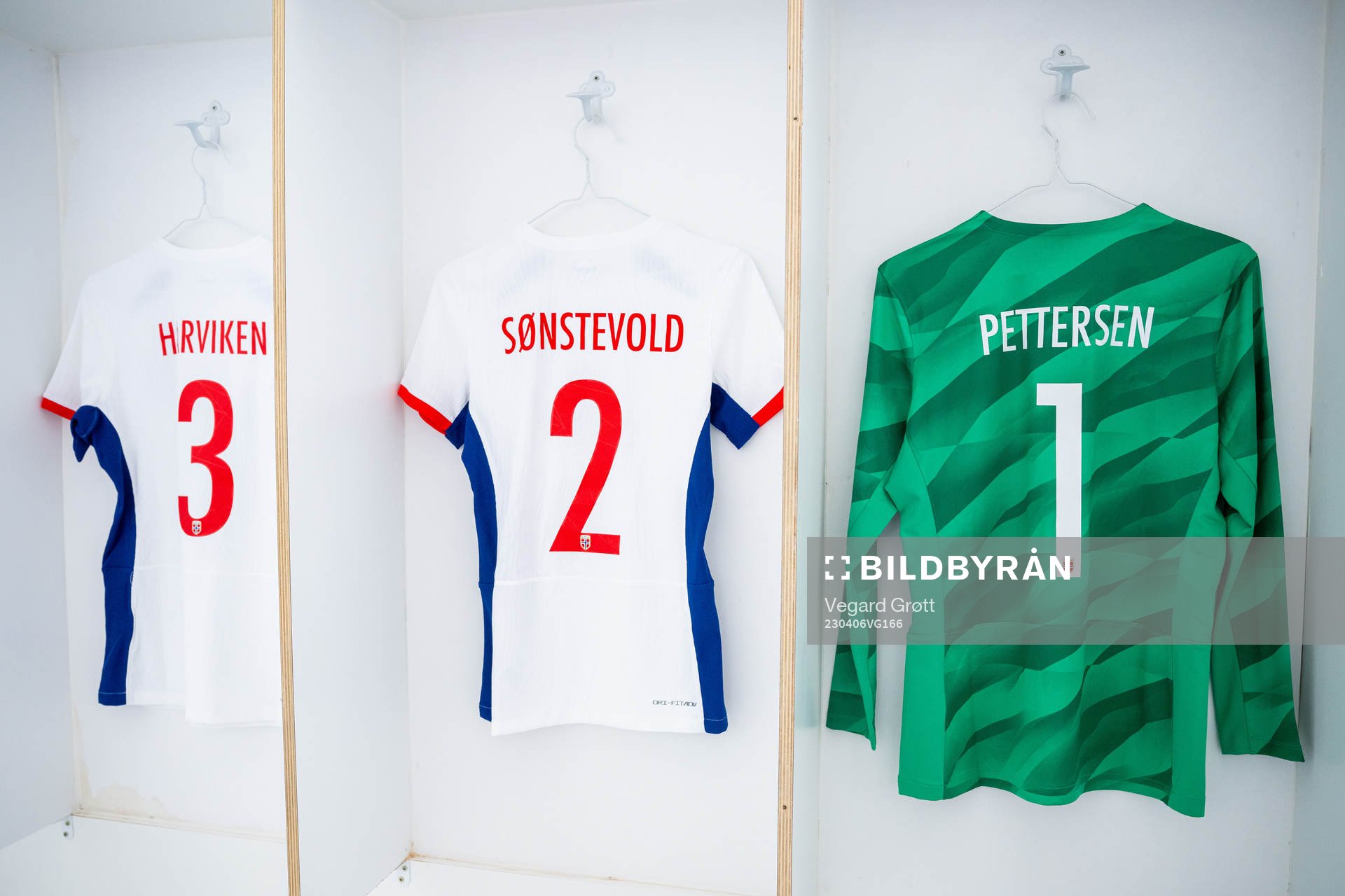 The kits of Mathilde Harviken, Anja Sønstevold and goalkeeper Guro Pettersen of Norway in the dressing room ahead of the international friendly football match between Spain and Norway on April 6, 2023 in Ibiza.