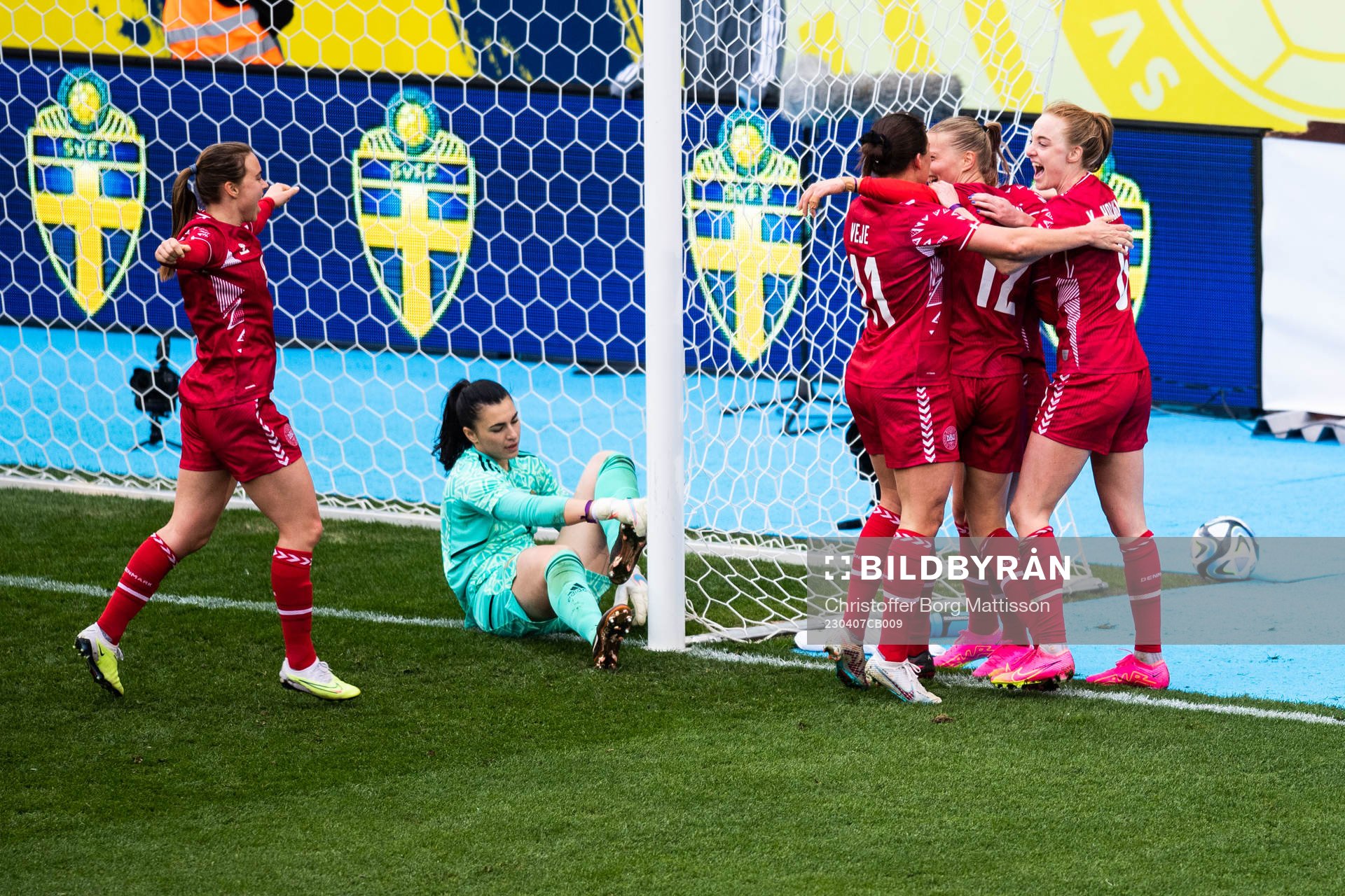 Stine Larsen of Denmark celebrates with team mates