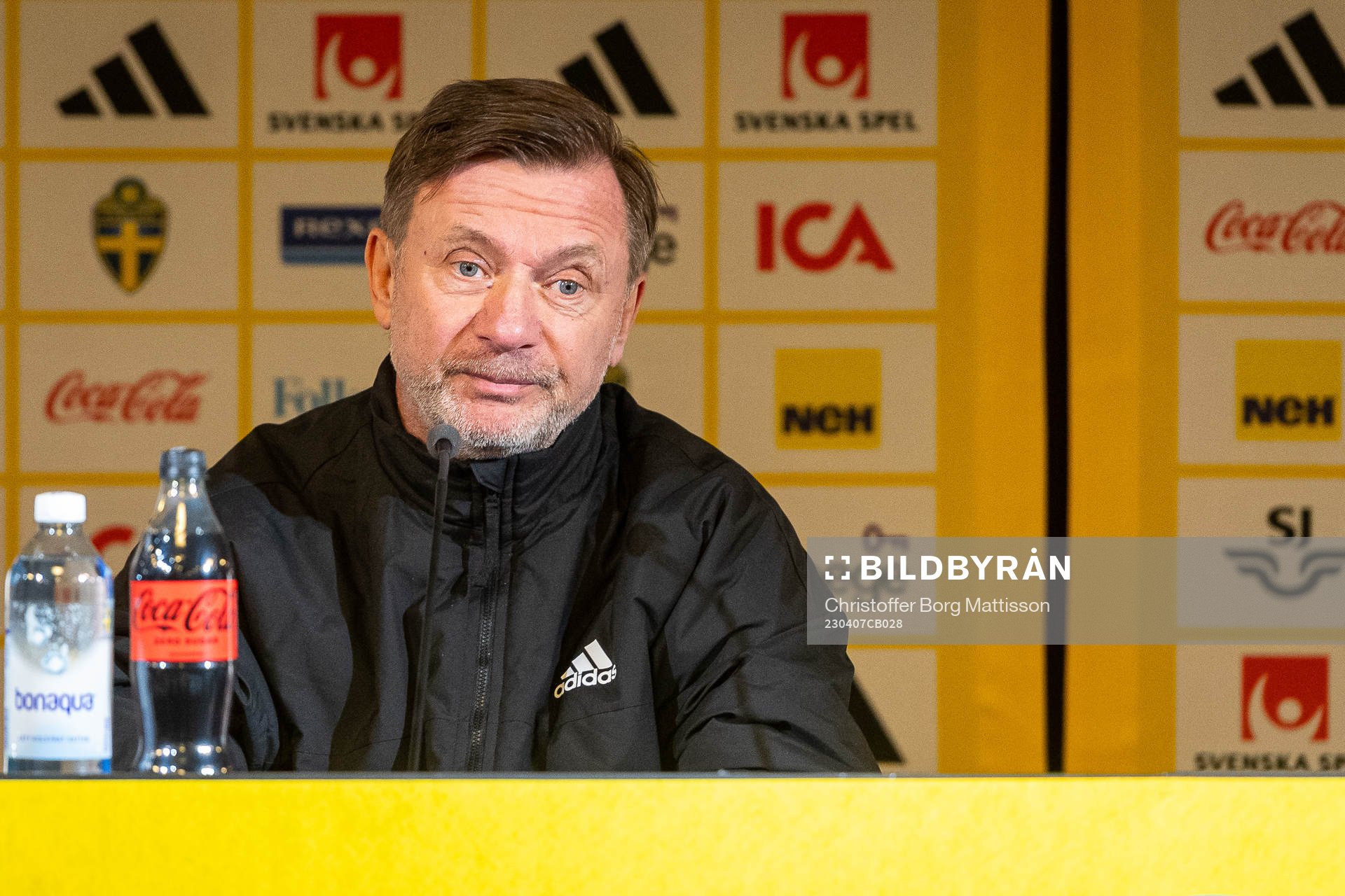 Head coach Peter Gerhardsson of Sweden during a press conference after the women's international friendly football match between Sweden and Denmark on April 7, 2023 in Malmö.