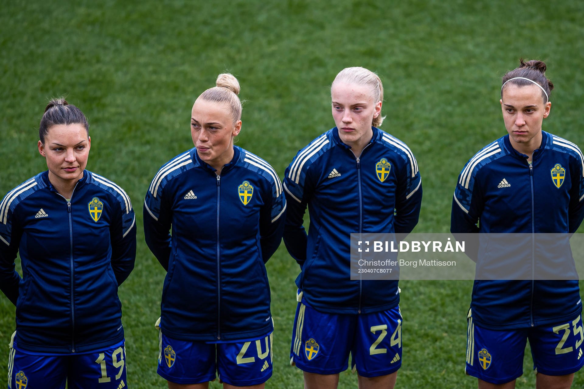 Johanna Rytting Kaneryd, Hanna Bennison, Anna Sandberg and Julia Zigiotti Olme of Sweden ahead of the women's international friendly football match between Sweden and Denmark on April 7, 2023 in Malmö.