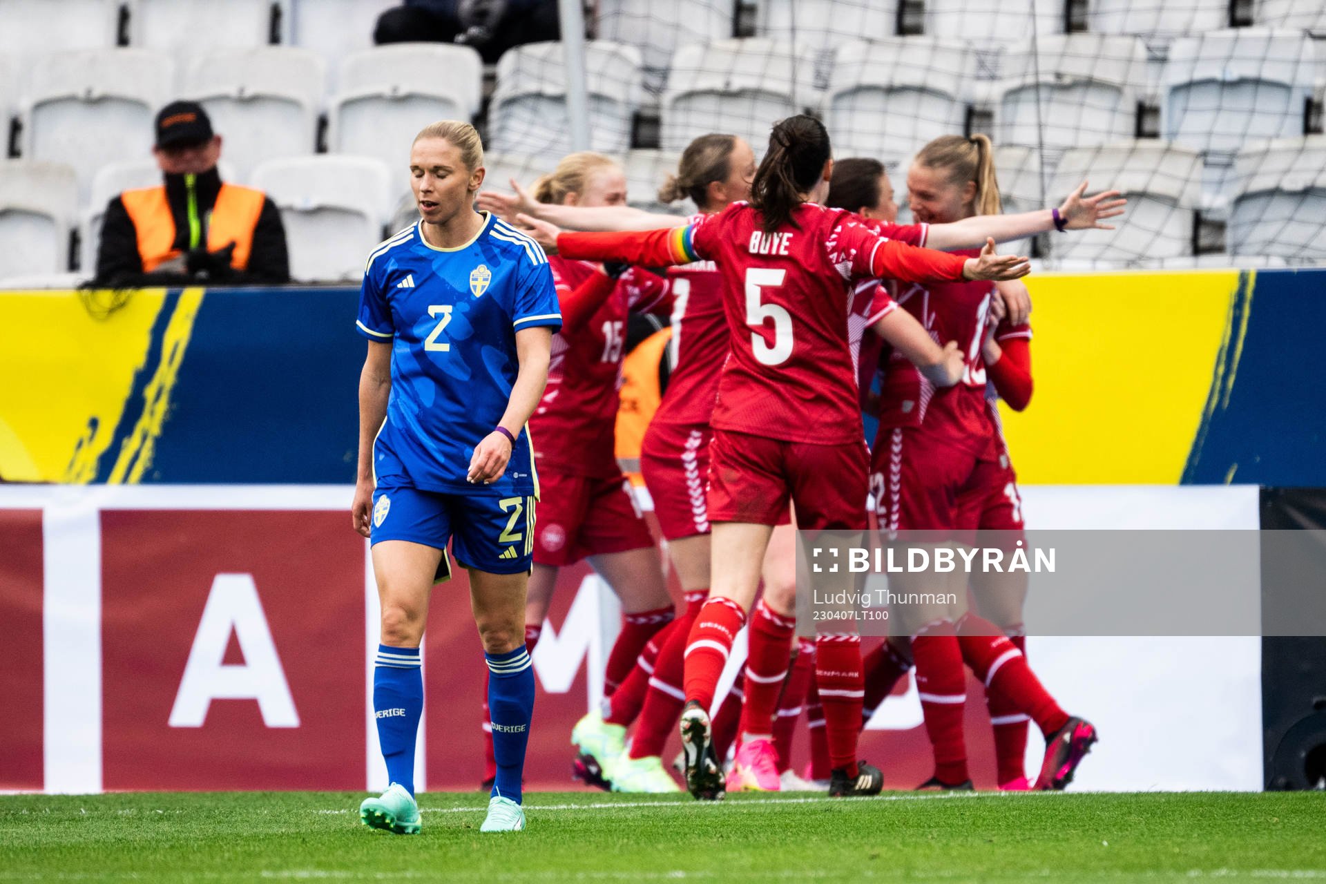 Jonna Andersson of Sweden looks dejected after 0-1 during the women's international friendly football match between Sweden and Denmark on April 7, 2023 in Malmö. 