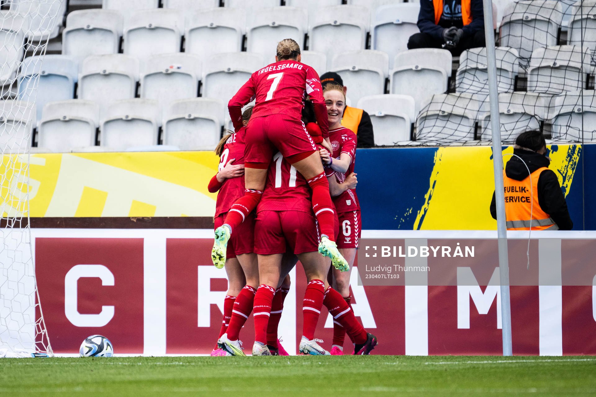 Stine Larsen of Denmark celebrates with team mates