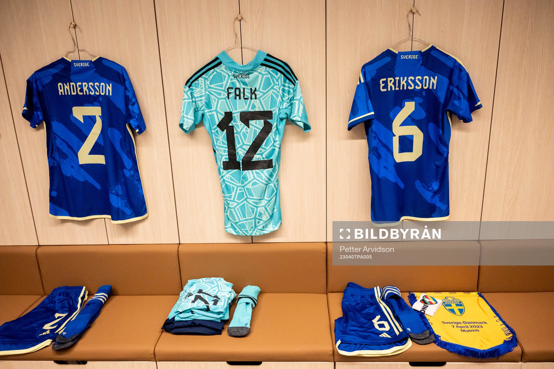 Jerseys of Jonna Andersson, goalkeeper Jennifer Falk and