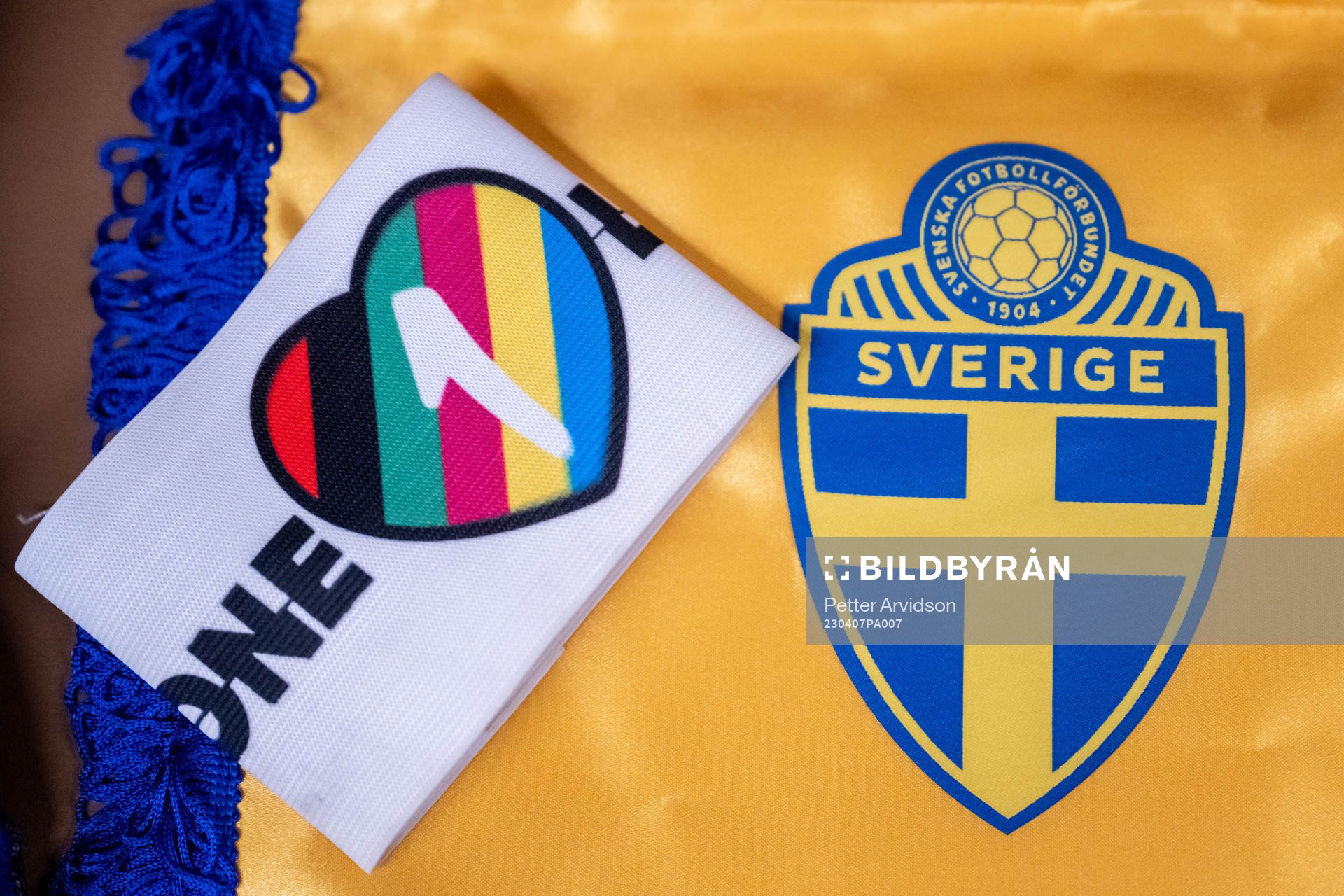 The One Love captains’ armband next to the logo of the Swedish Football Federation ahead of the women's international friendly football match between Sweden and Denmark on April 7, 2023 in Malmö.