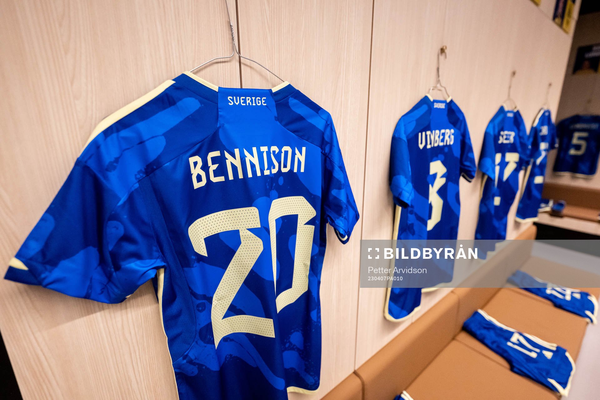 The jersey of Hanna Bennison in the dressing room of Sweden