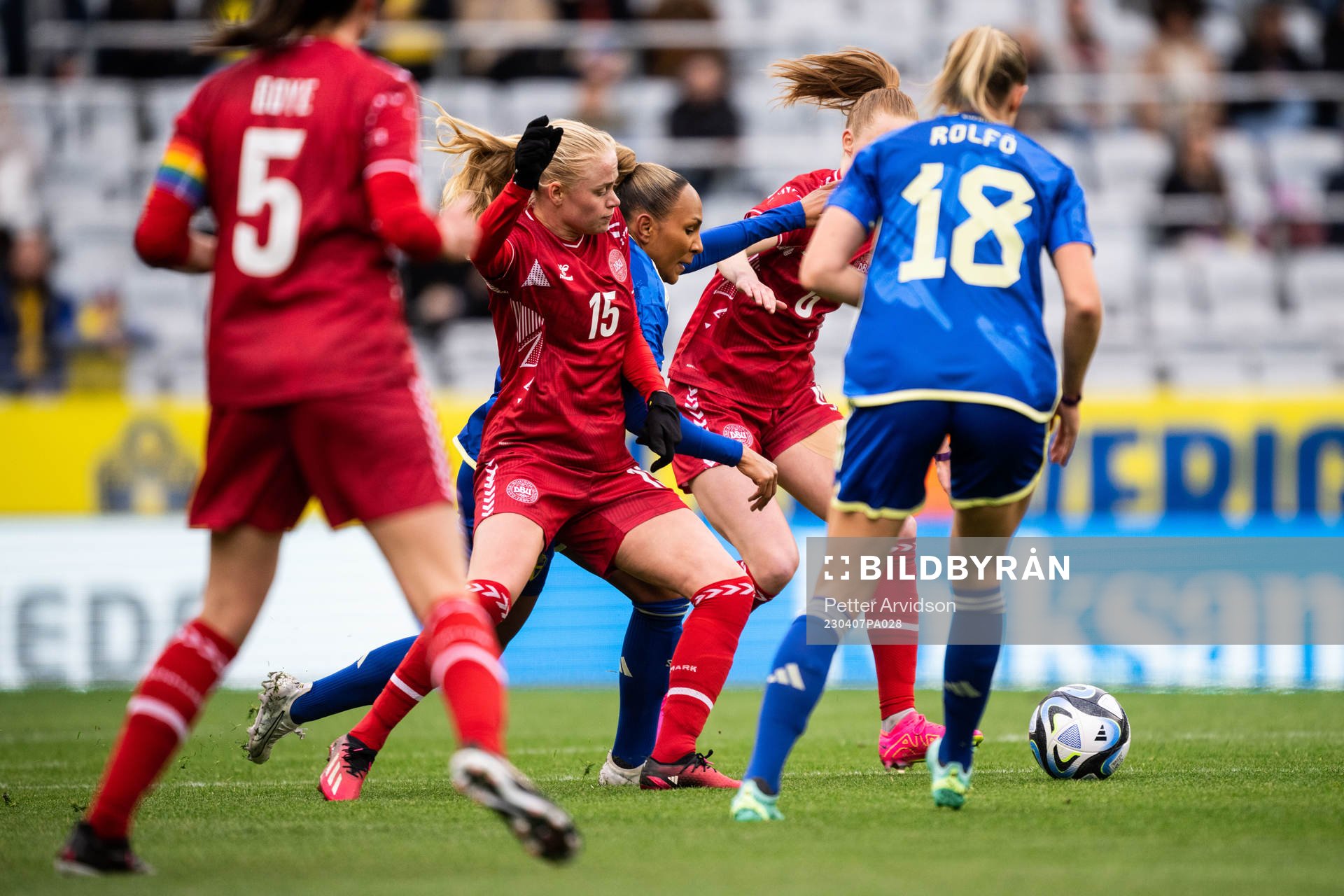 Madelen Janogy of Sweden and Kathrine Kuhl of Denmark during the women's international friendly football match between Sweden and Denmark on April 7, 2023 in Malmö.