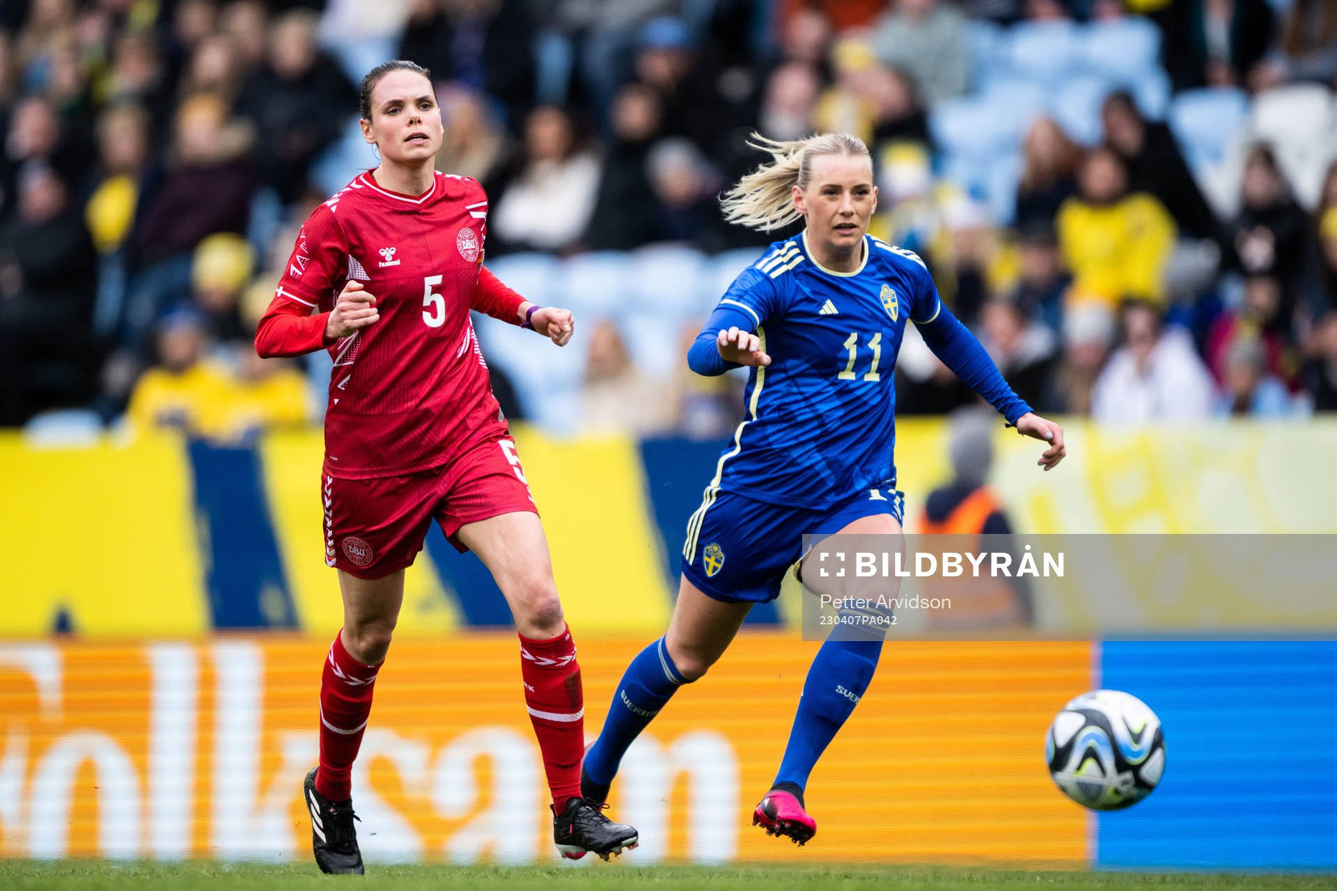 Simone Boye of Denmark and Stina Blackstenius of Sweden
