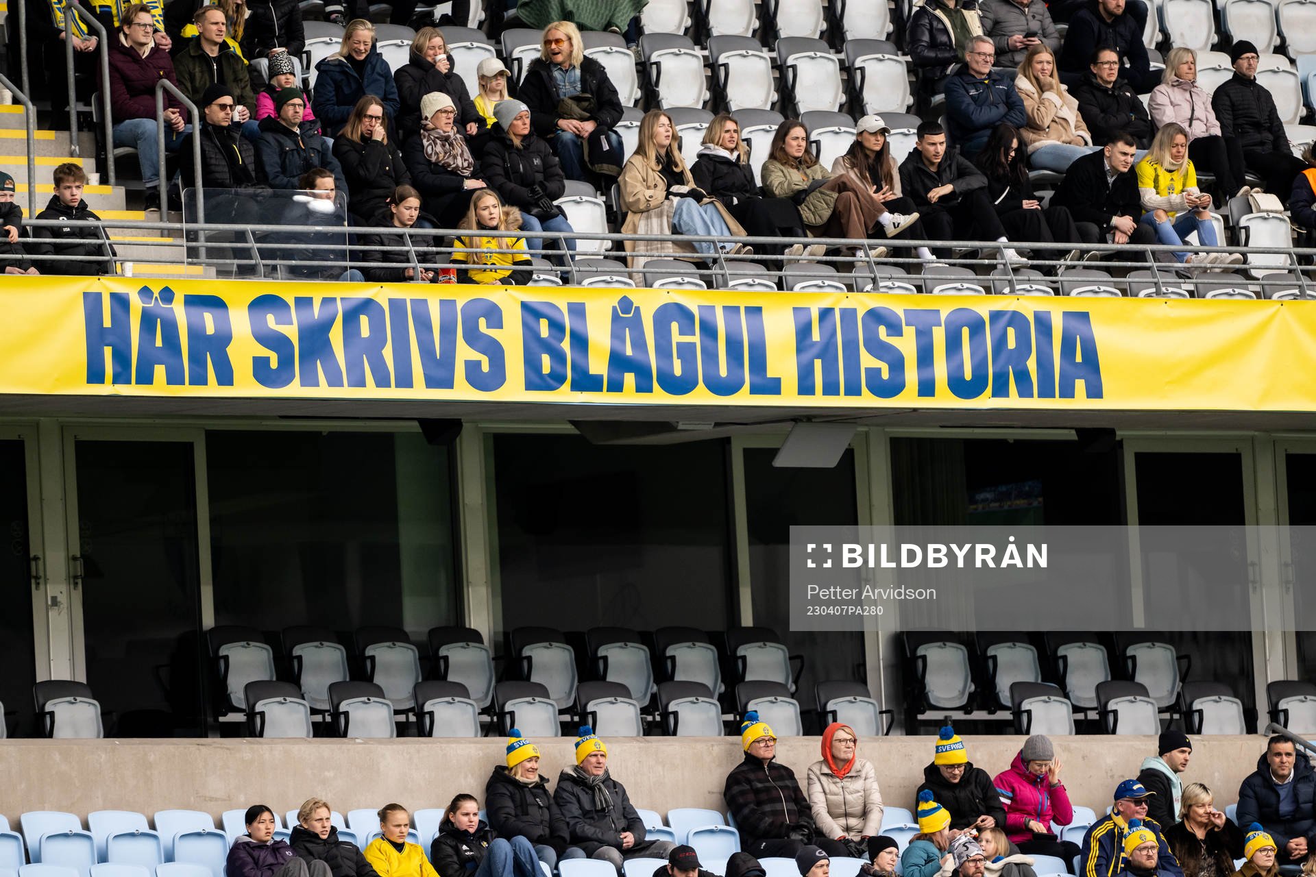 General view of signs at Eleda Stadion during the women's international friendly football match between Sweden and Denmark on April 7, 2023 in Malmö.