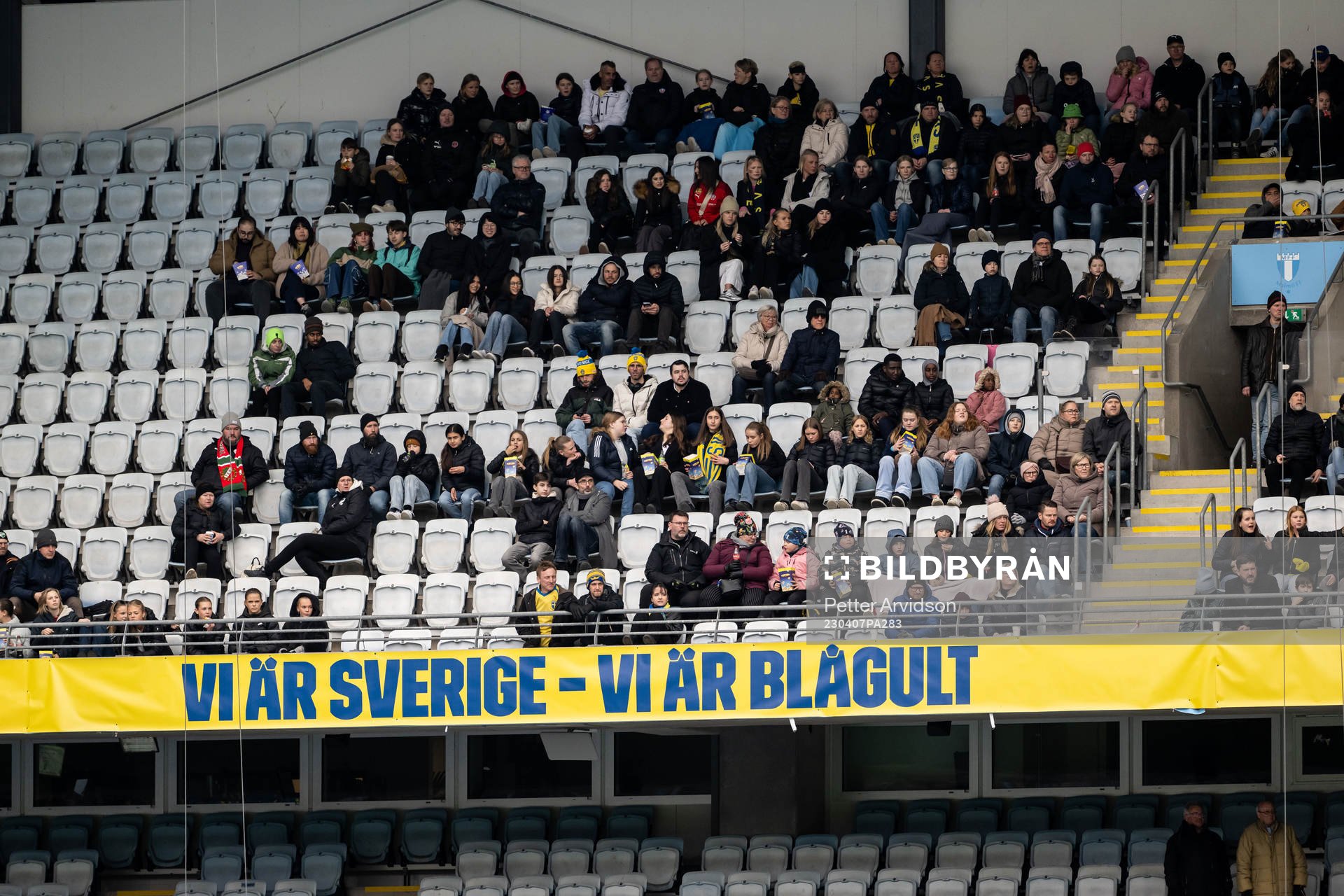 General view of signs at Eleda Stadion during the women's international friendly football match between Sweden and Denmark on April 7, 2023 in Malmö.