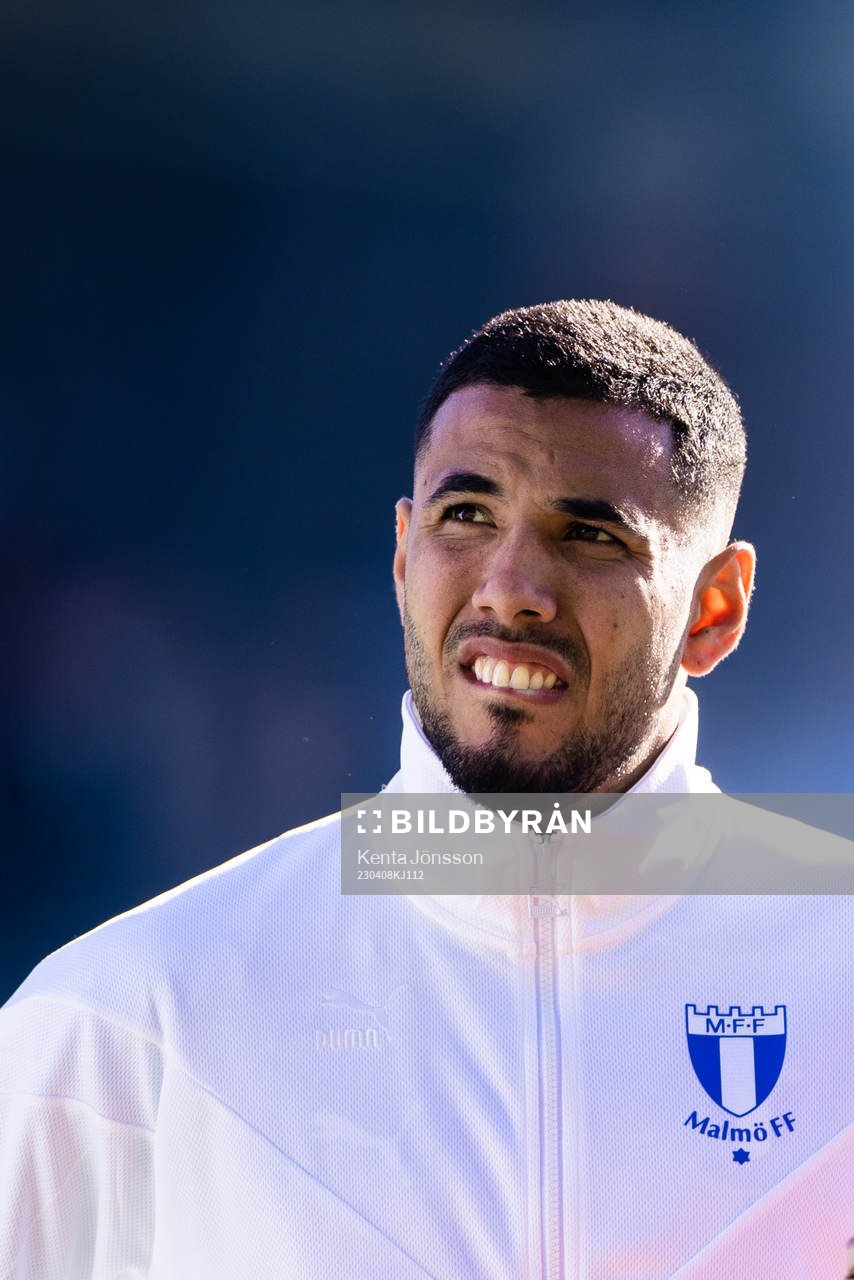 Malmö FFs Sergio Pena under lineup inför fotbollsmatchen i Allsvenskan mellan Brommapojkarna och Malmö FF den 8 april 2023 i Stockholm.