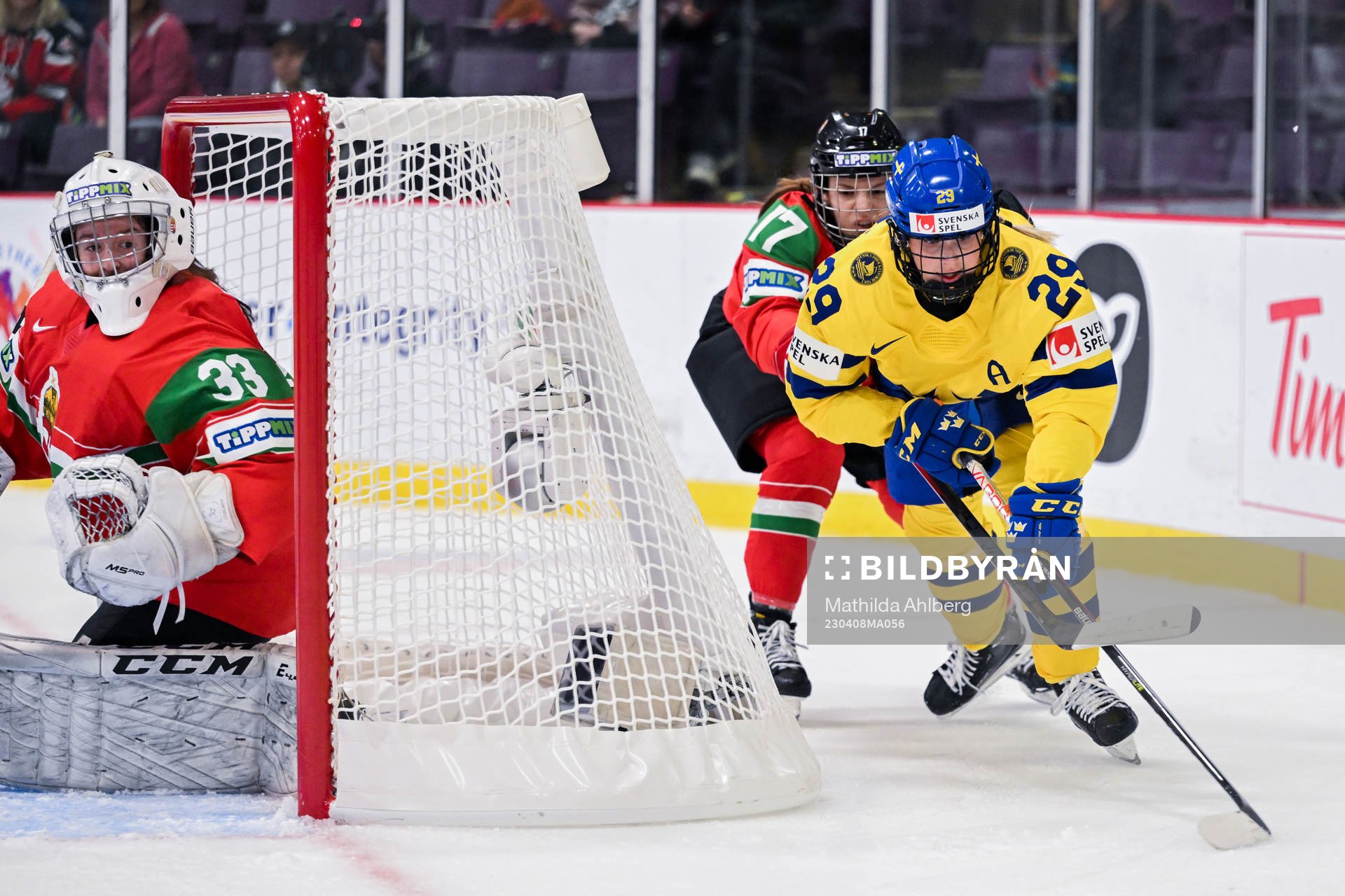 Sara Hjalmarsson of Sweden against goaltender Zsuzsa Revesz