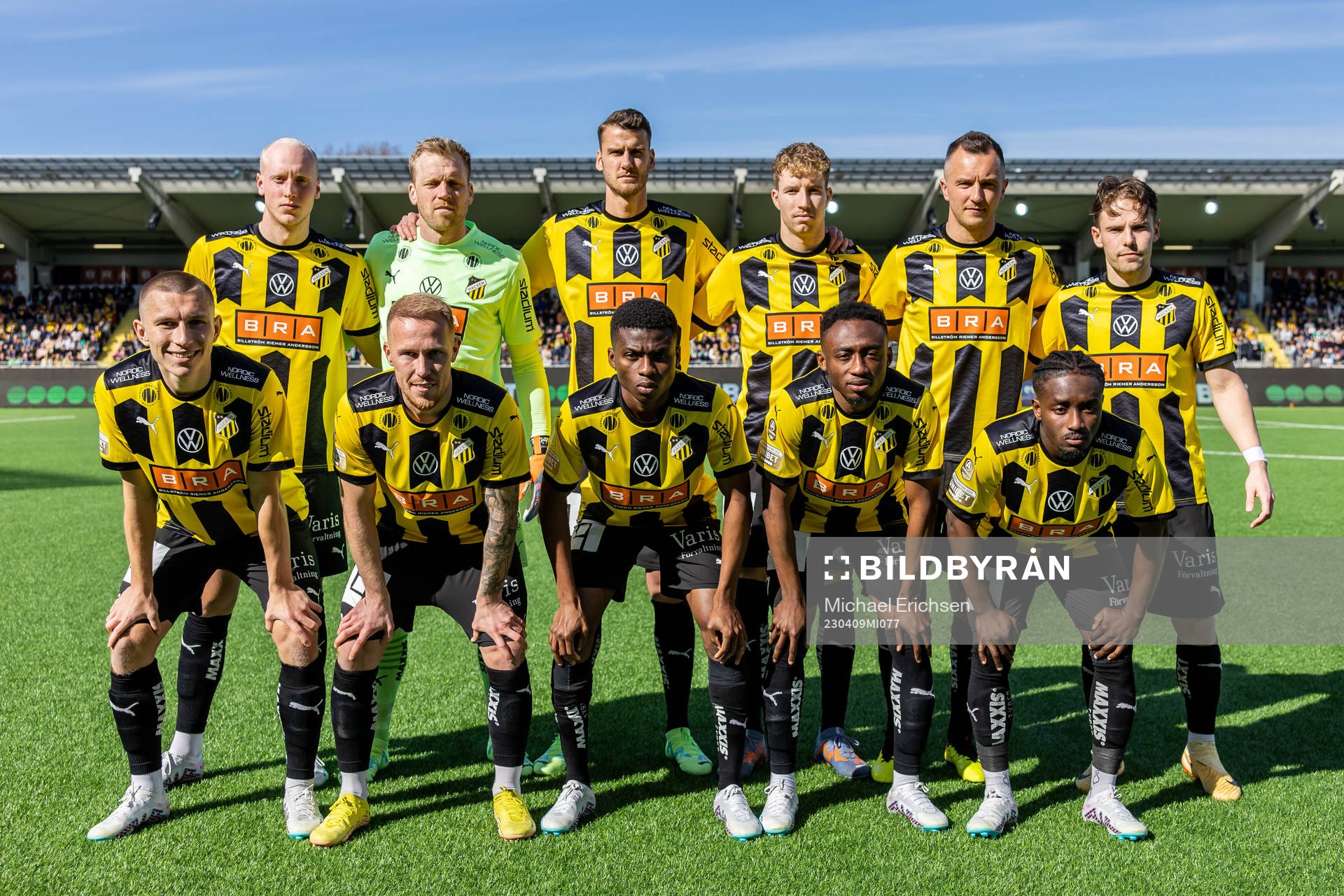 Häckens startelva ställer upp för en lagbild inför fotbollsmatchen i Allsvenskan mellan Häcken och Hammarby den 9 april 2023 i Göteborg. 