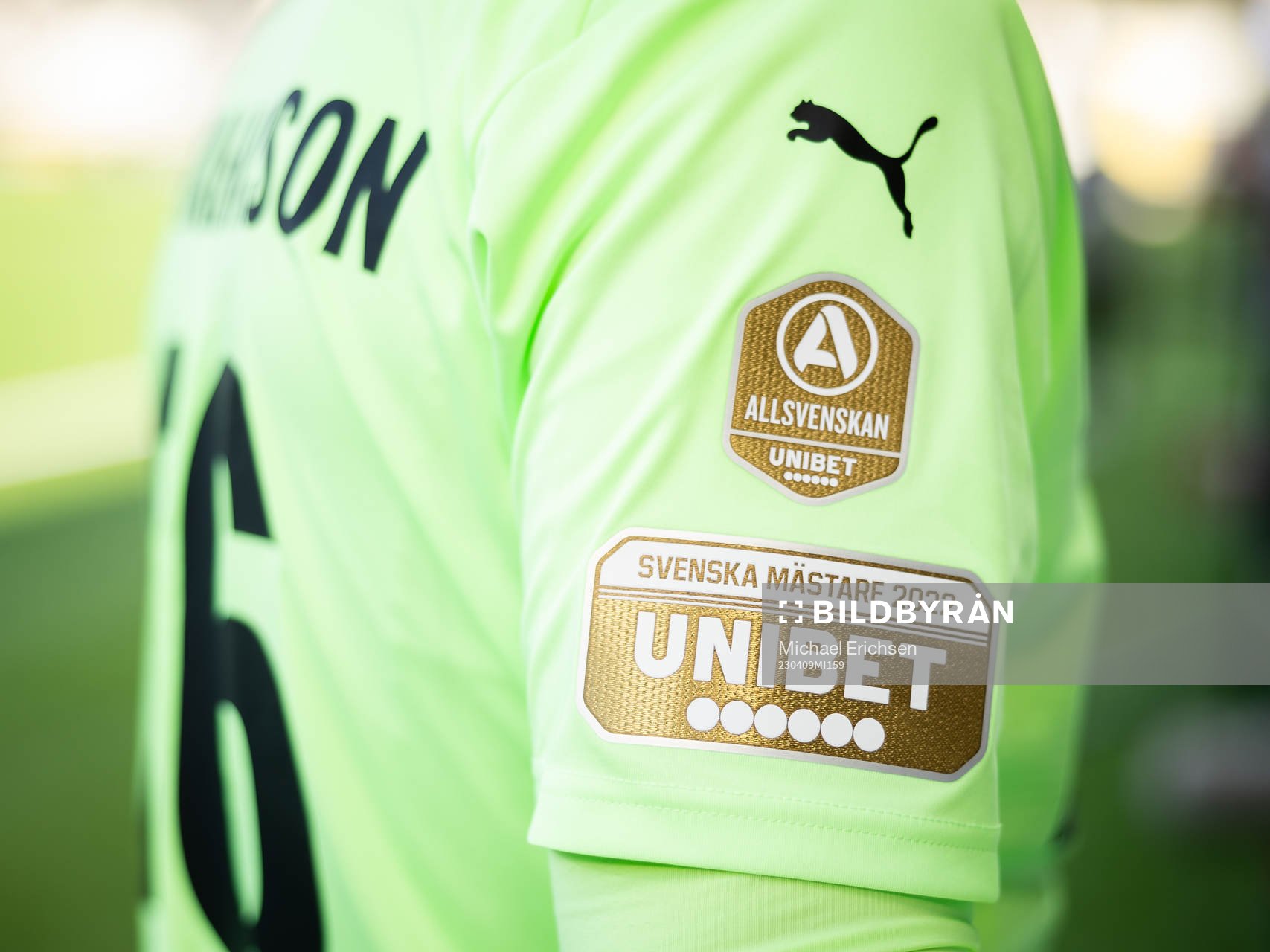 Häckens målvakt Peter Abrahamsson målvaktströja med Unibets logo på ärmen under fotbollsmatchen i Allsvenskan mellan Häcken och Hammarby den 9 april 2023 i Göteborg.