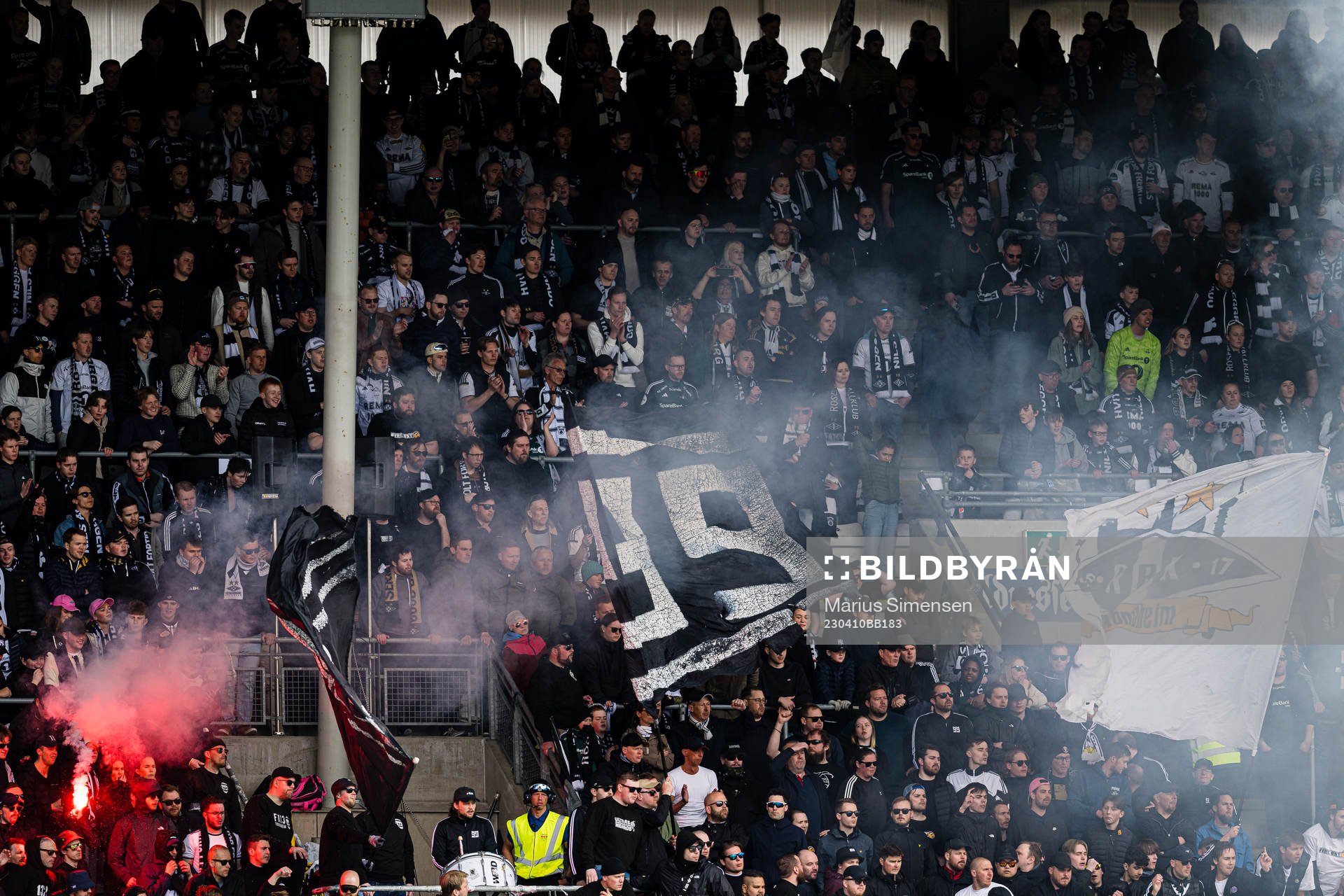 Spectators in the stands at Lerkendal Stadion ahead of the Eliteserien match between Rosenborg and Viking on April 10, 2023 in Trondheim.