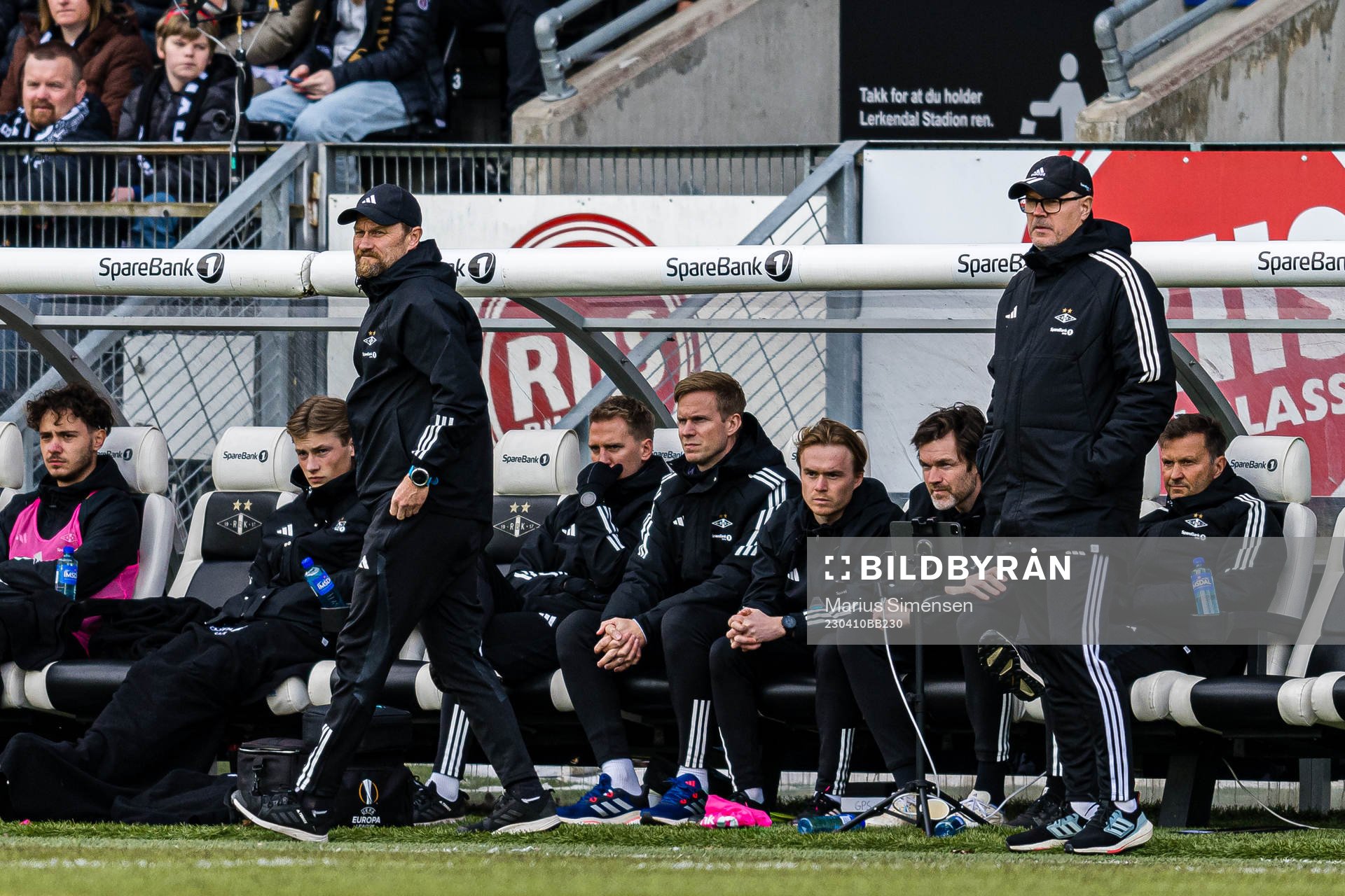 Geir Frigård, assistant coach of Rosenborg, and Kjetil Rekdal, head coach of Rosenborg, during the Eliteserien match between Rosenborg and Viking on April 10, 2023 in Trondheim.