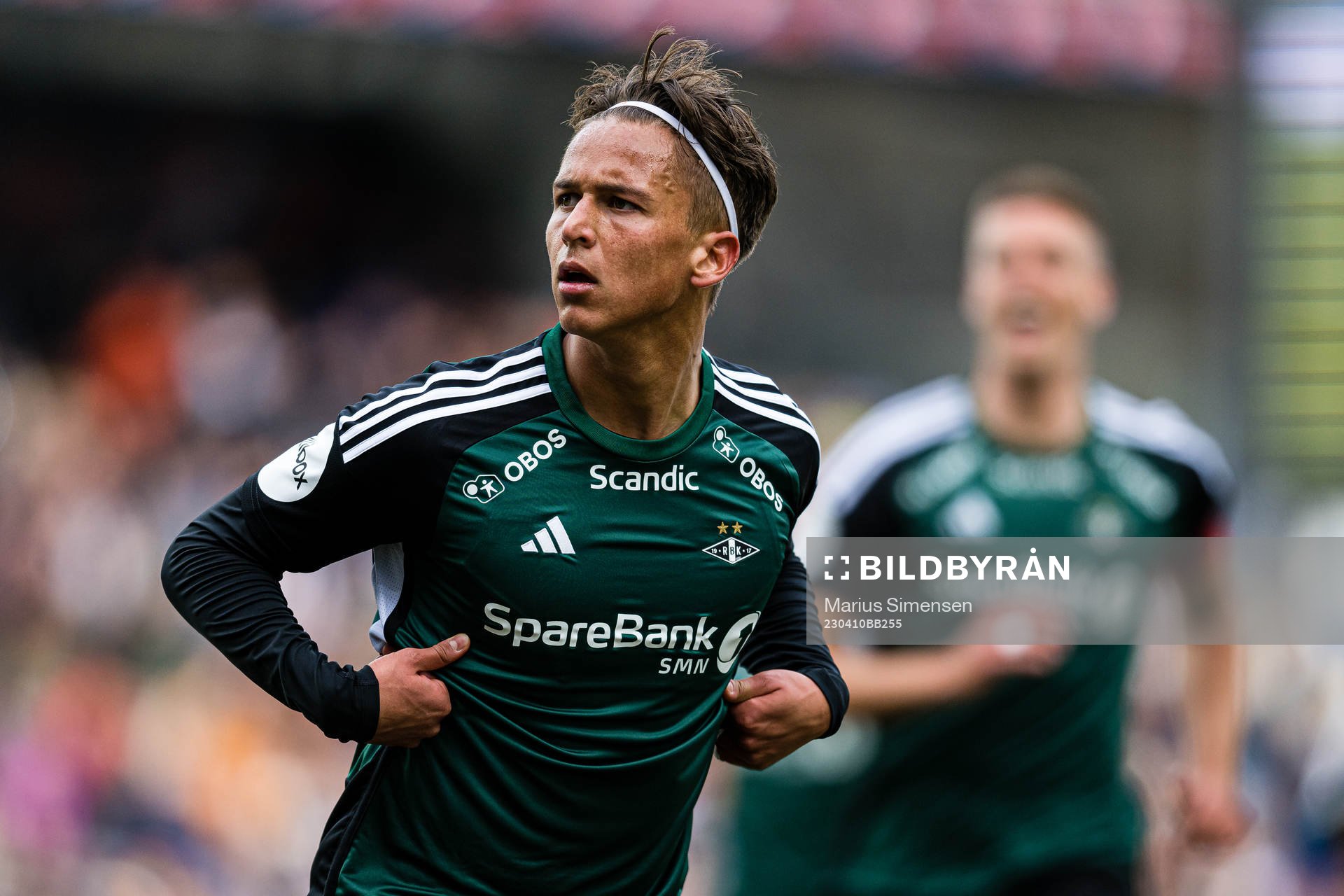 Adrian Pereira of Rosenborg celebrates after scoring the 1-0 goal during the Eliteserien match between Rosenborg and Viking on April 10, 2023 in Trondheim.