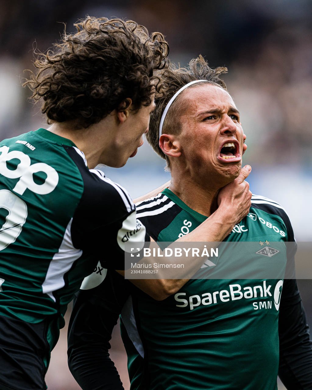 Adrian Pereira of Rosenborg celebrates after scoring the 1-0 goal during the Eliteserien match between Rosenborg and Viking on April 10, 2023 in Trondheim.