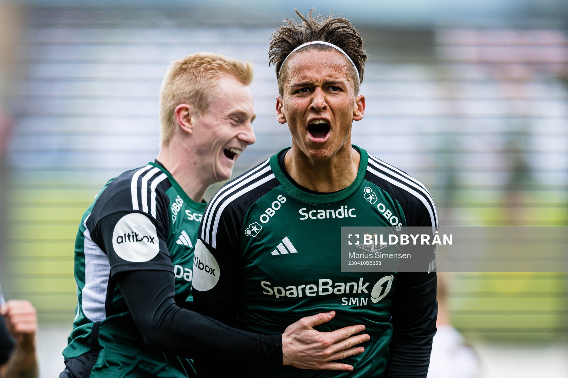 Adrian Pereira of Rosenborg celebrates after scoring the 1-0 goal during the Eliteserien match between Rosenborg and Viking on April 10, 2023 in Trondheim.
