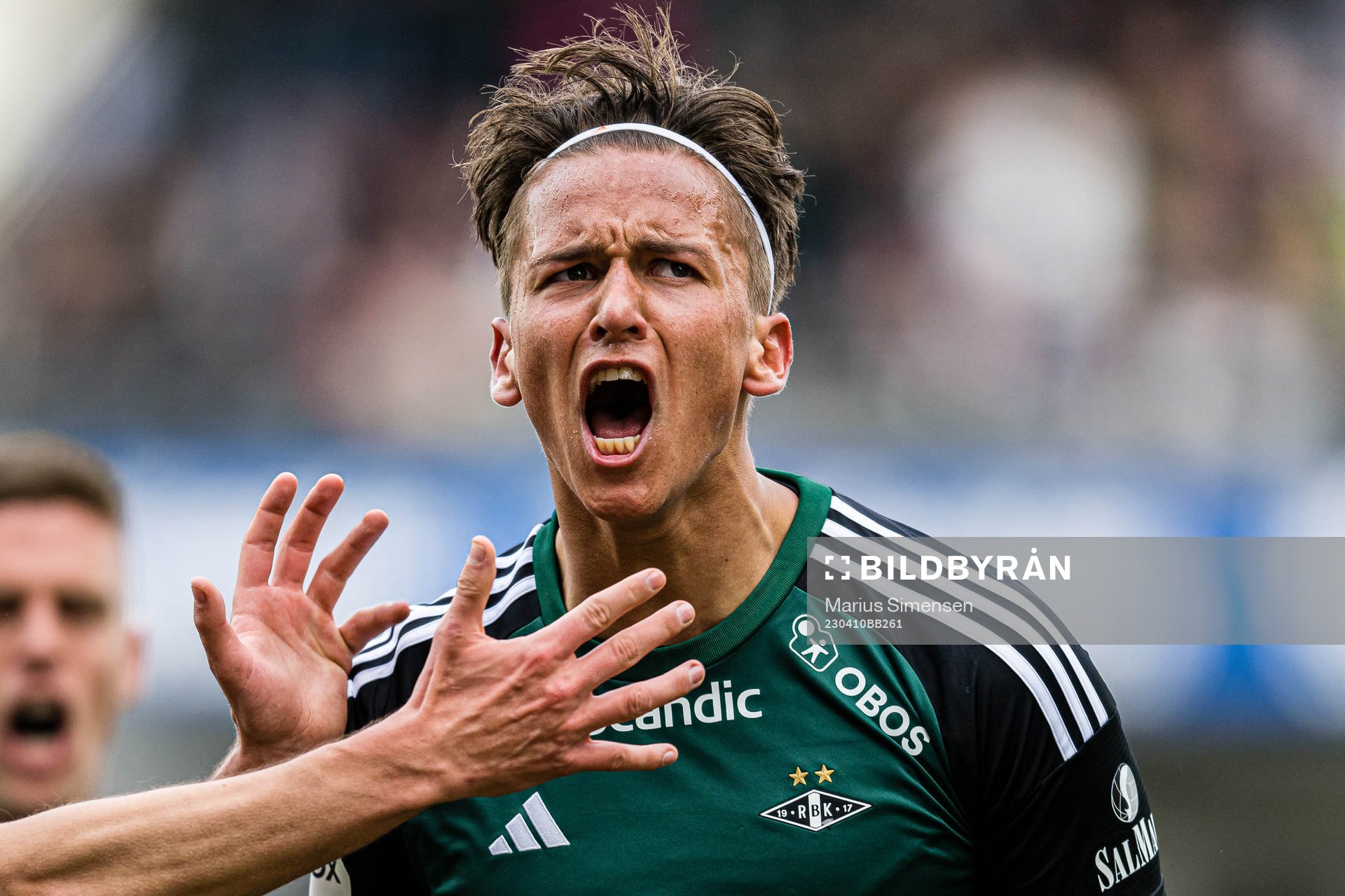 Adrian Pereira of Rosenborg celebrates after scoring the 1-0 goal during the Eliteserien match between Rosenborg and Viking on April 10, 2023 in Trondheim.