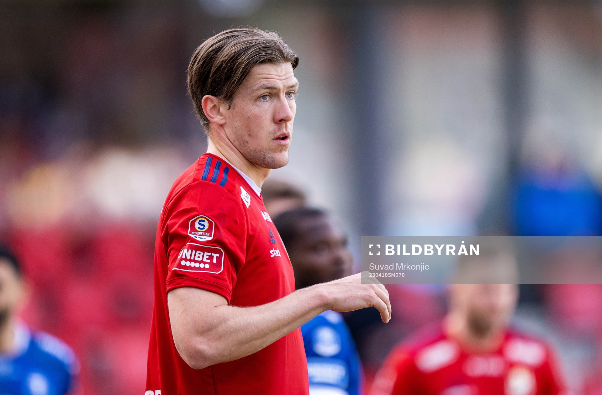 Östers John Stenberg under fotbollsmatchen i Superettan mellan Öster och Trelleborg den 10 april 2023 i Växjö. 