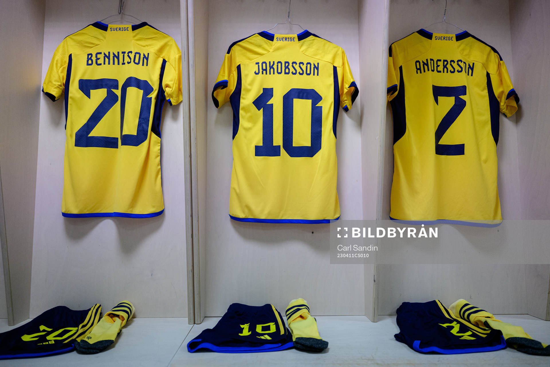 The jerseys of Hanna Bennison, Sofia Jakobsson and Jonna Andersson ahead of the international friendly football match between Sweden and Norway on April 11, 2023 in Göteborg. 