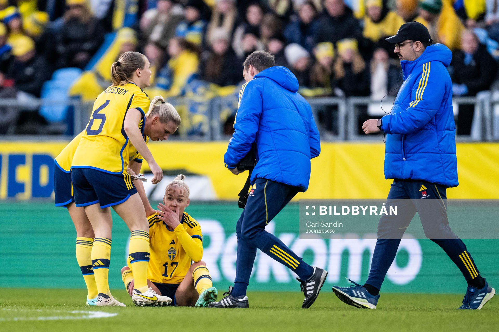 Caroline Seger of Sweden recieves medical attention