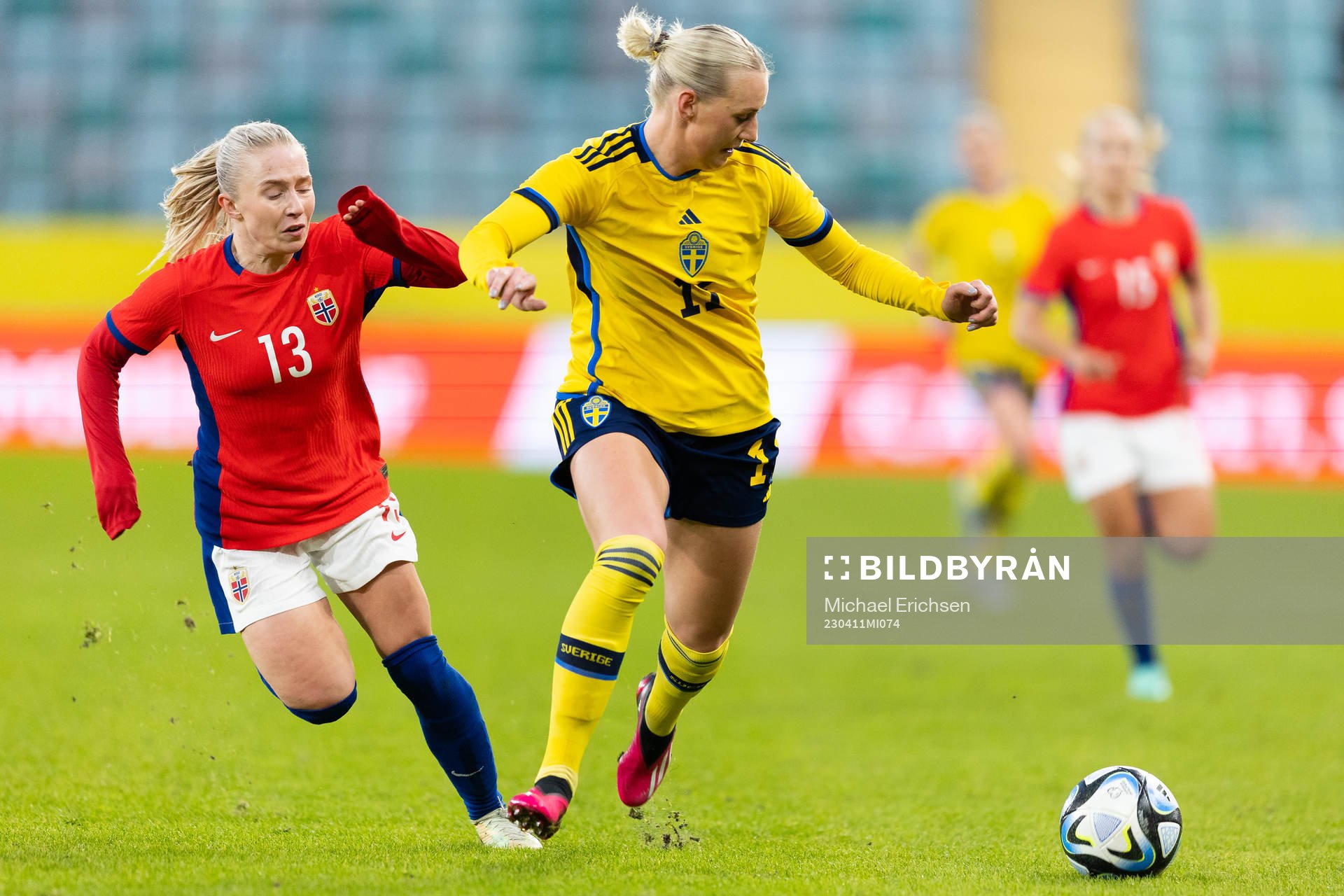 Thea Bjelde of Norway and Stina Blackstenius of Sweden